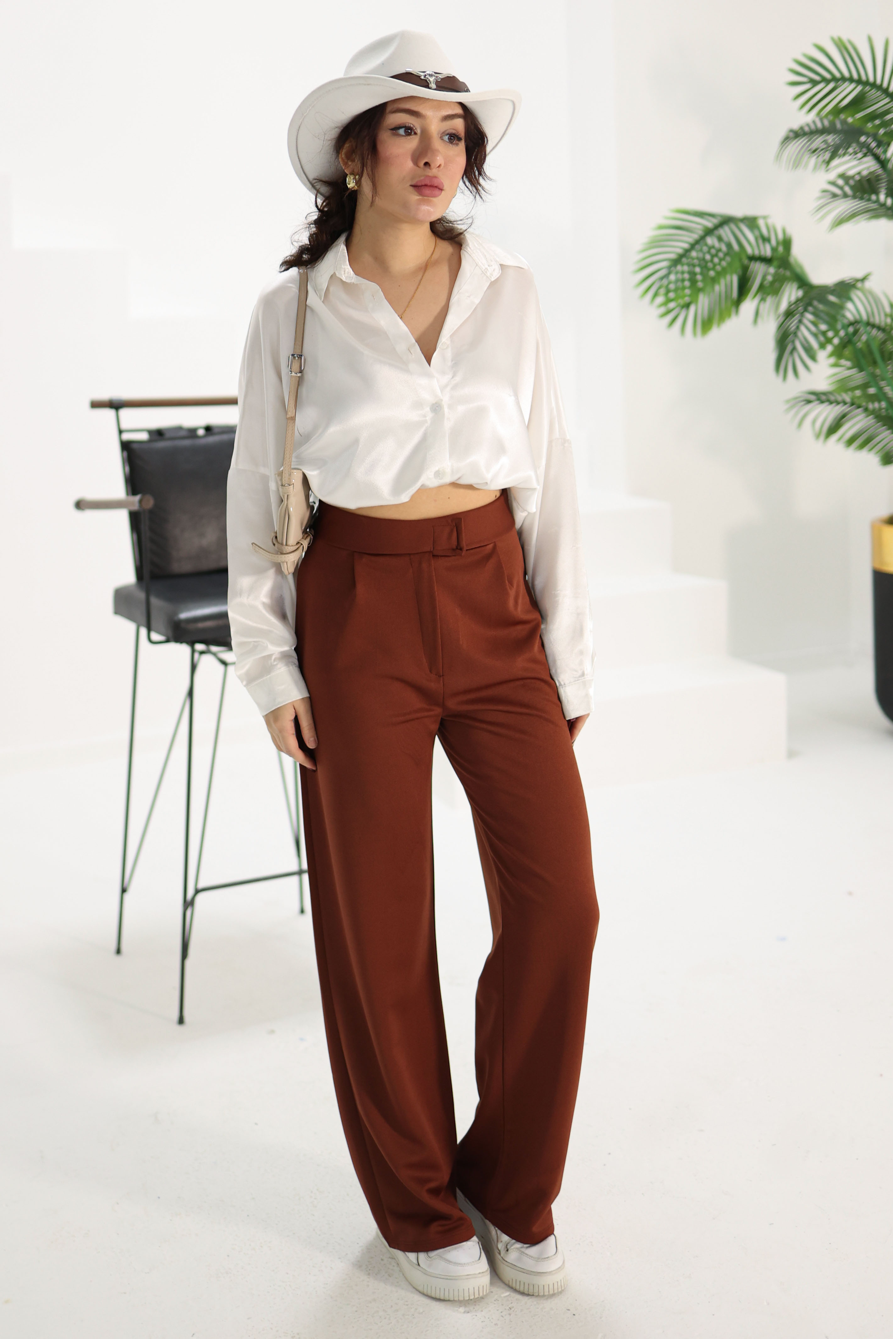 Düz Orta Kadın Kahve Cırtcırtlı Pantolon - 26540 - 3