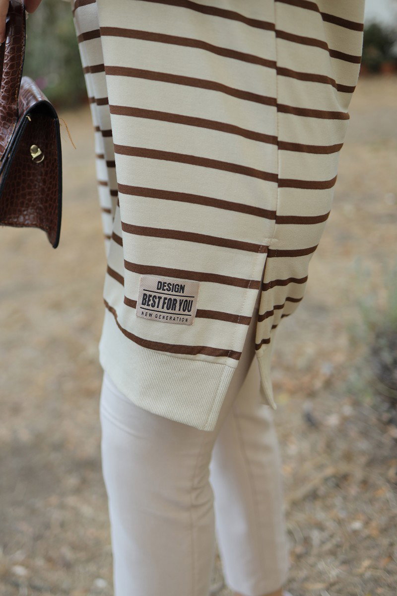 Düz Orta Kadın Kahve Çizgili Armalı Tunik - 26564 - 6