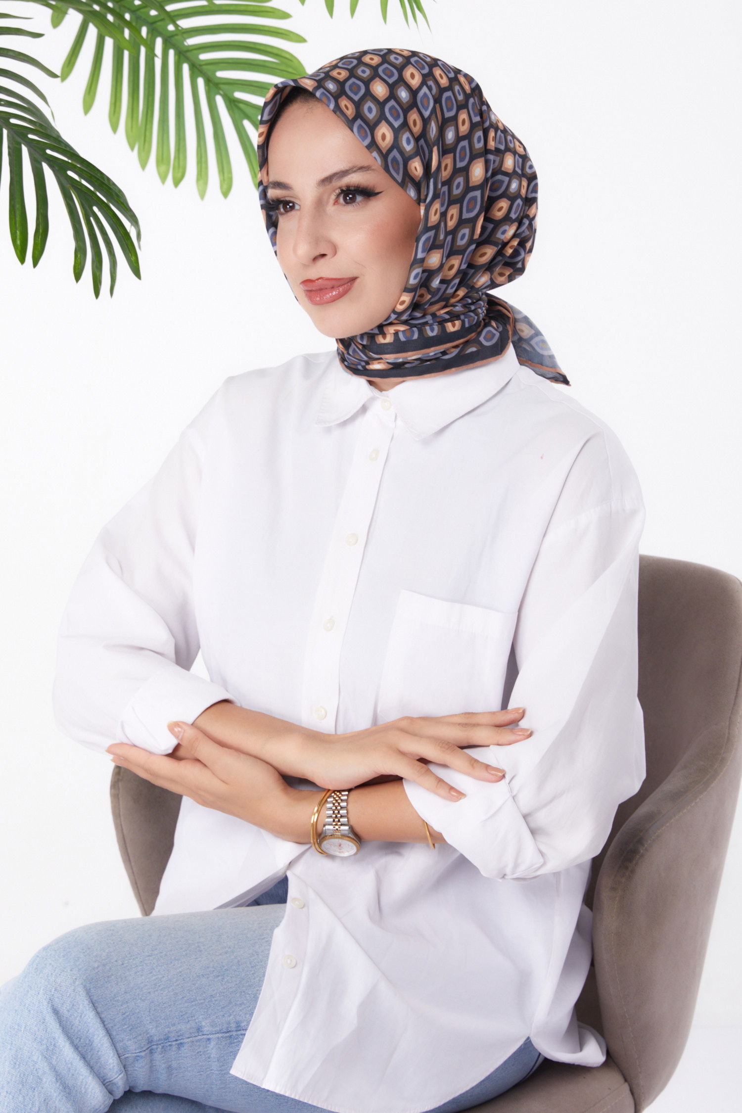 Düz Orta Kadın Kahve Desenli Eşarp - 26151 - 3