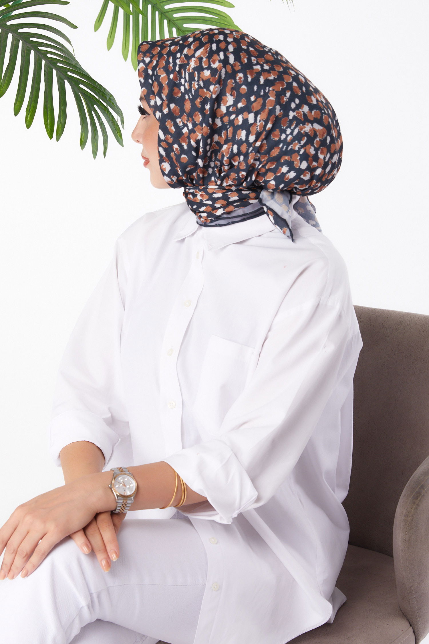 Düz Orta Kadın Kahve Desenli Eşarp - 26152 - 3
