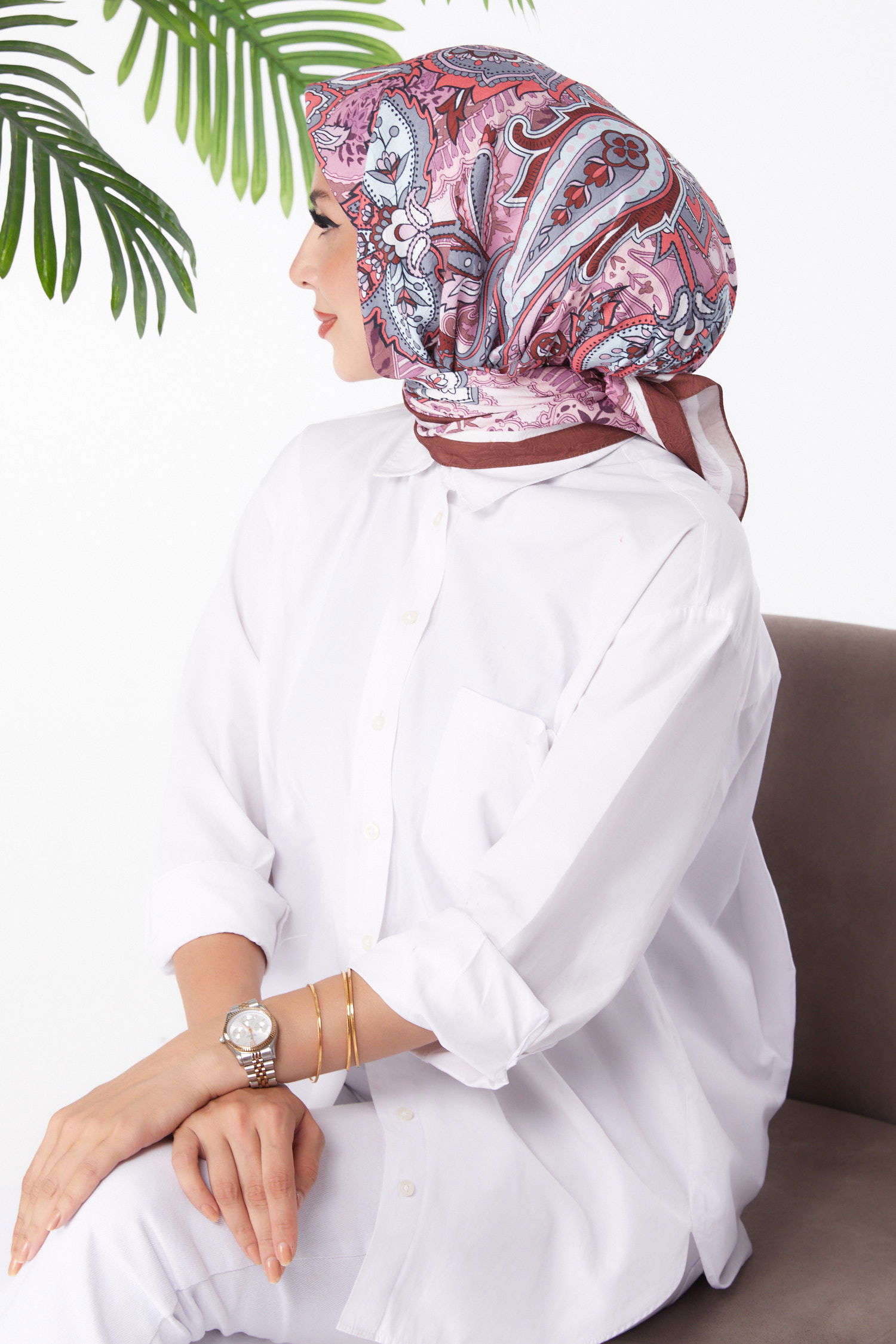 Düz Orta Kadın Kahve Desenli Eşarp - 26154 - 3