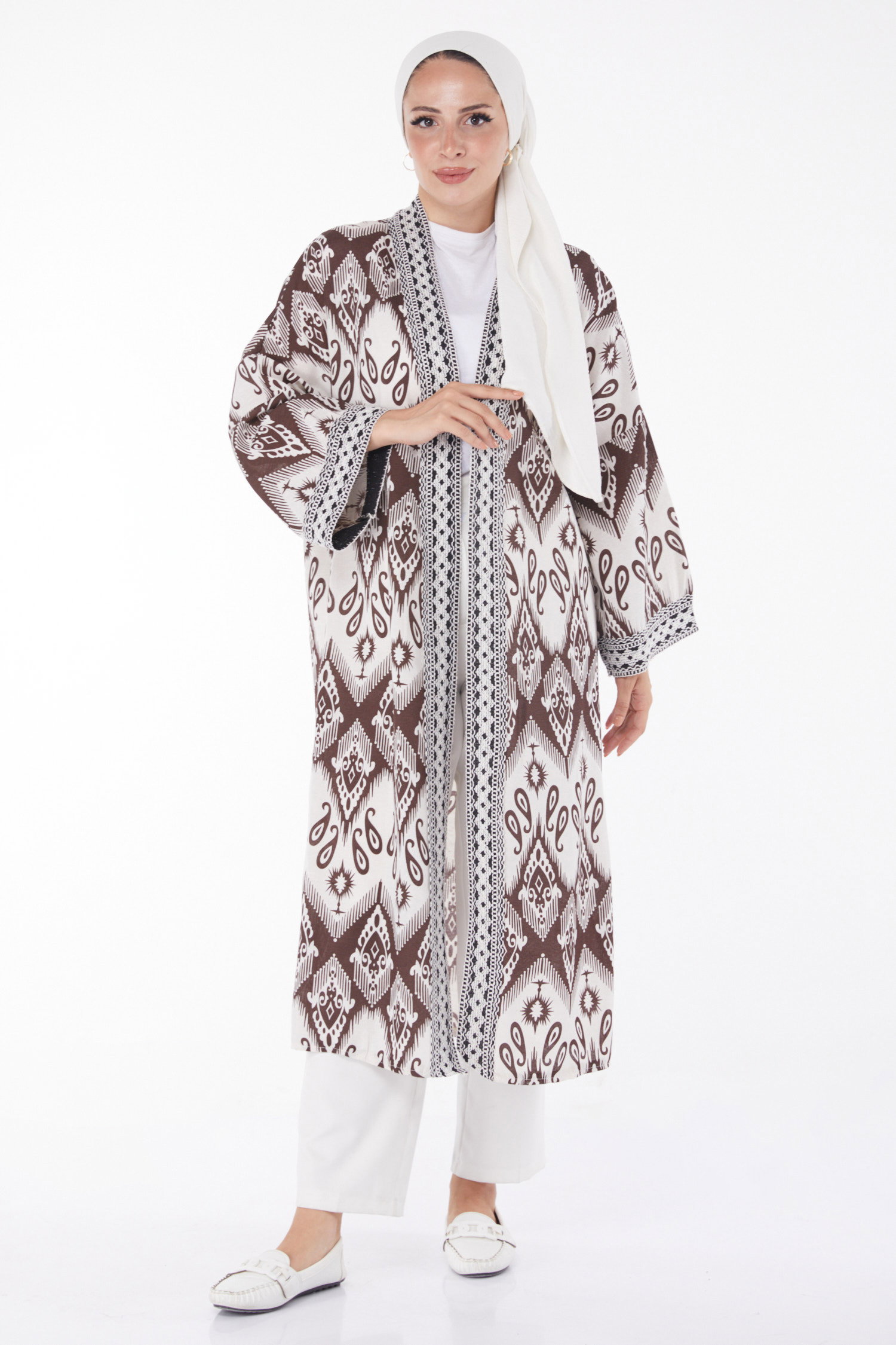 Düz Orta Kadın Kahve Desenli Kimono - 13231 - 1