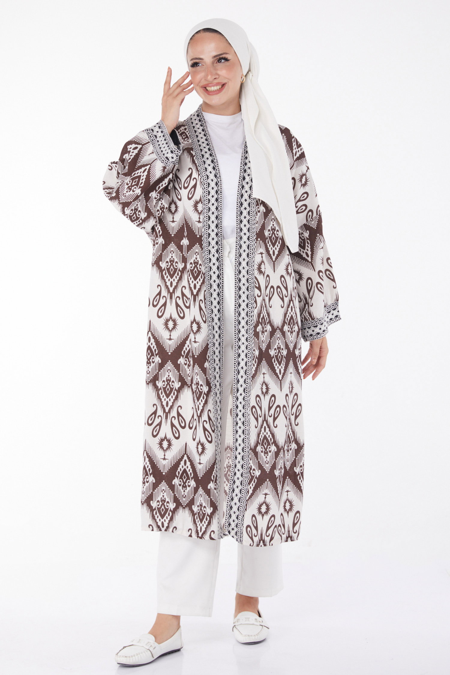 Düz Orta Kadın Kahve Desenli Kimono - 13231 - 2
