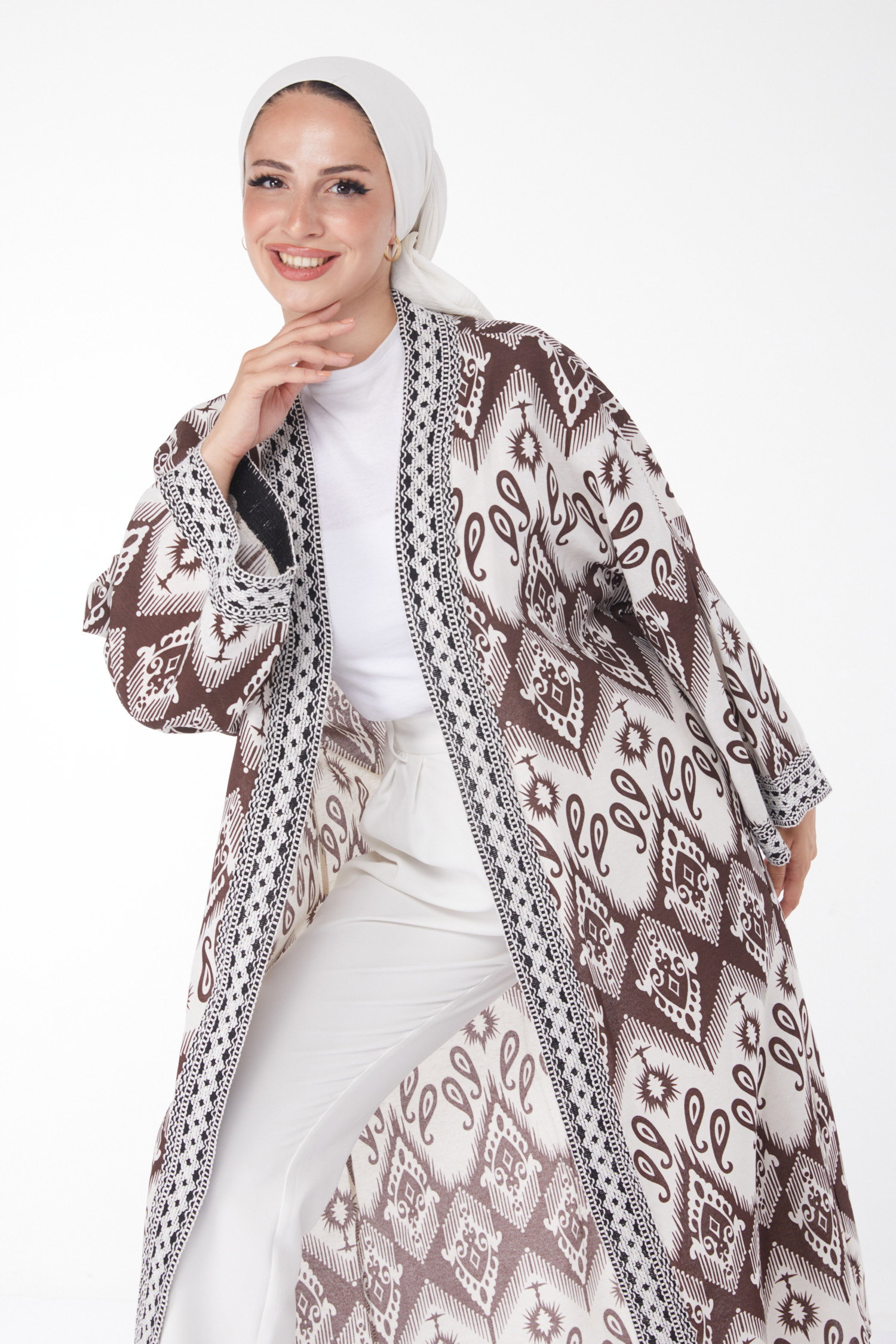 Düz Orta Kadın Kahve Desenli Kimono - 13231 - 3