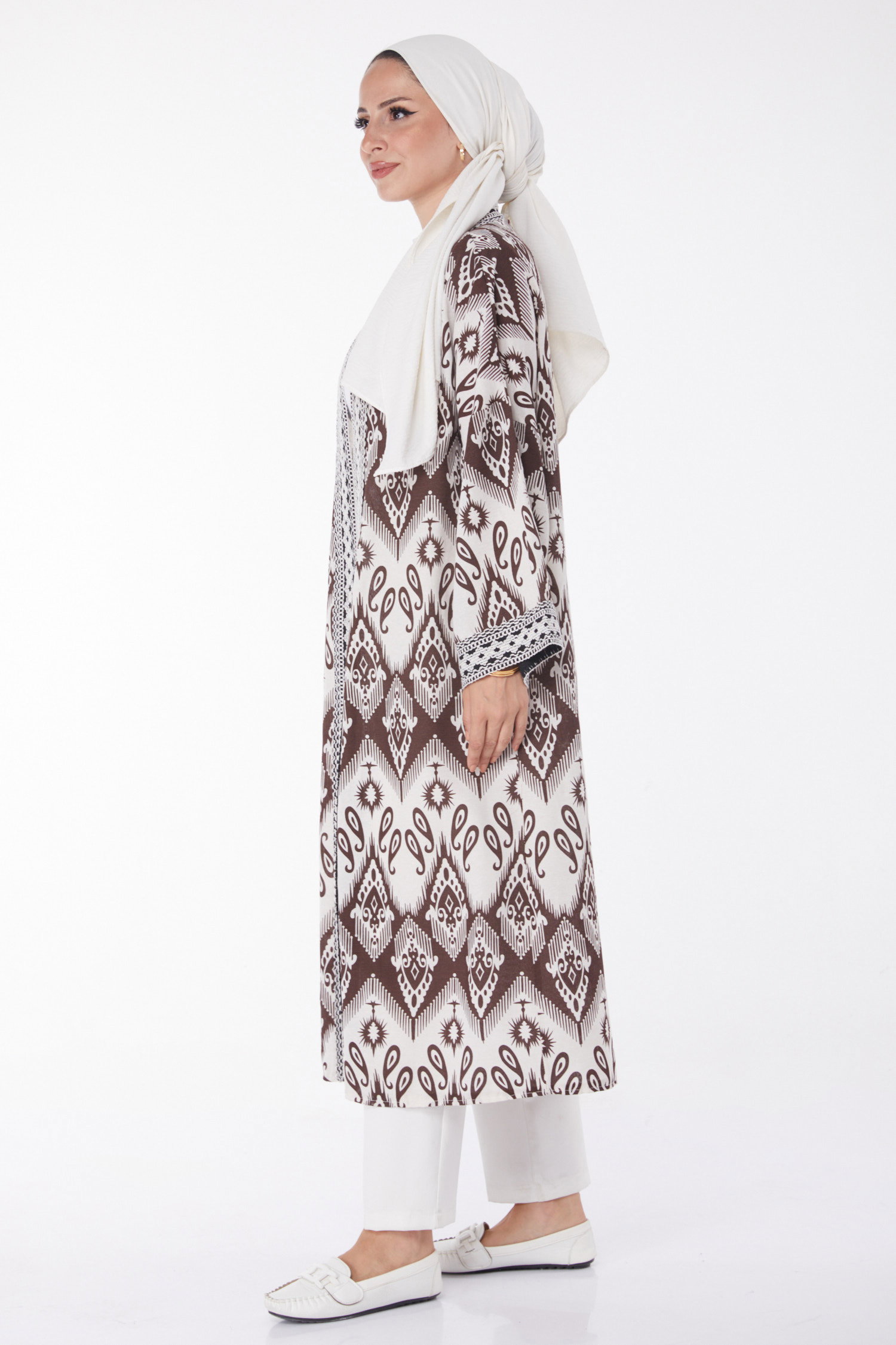 Düz Orta Kadın Kahve Desenli Kimono - 13231 - 4