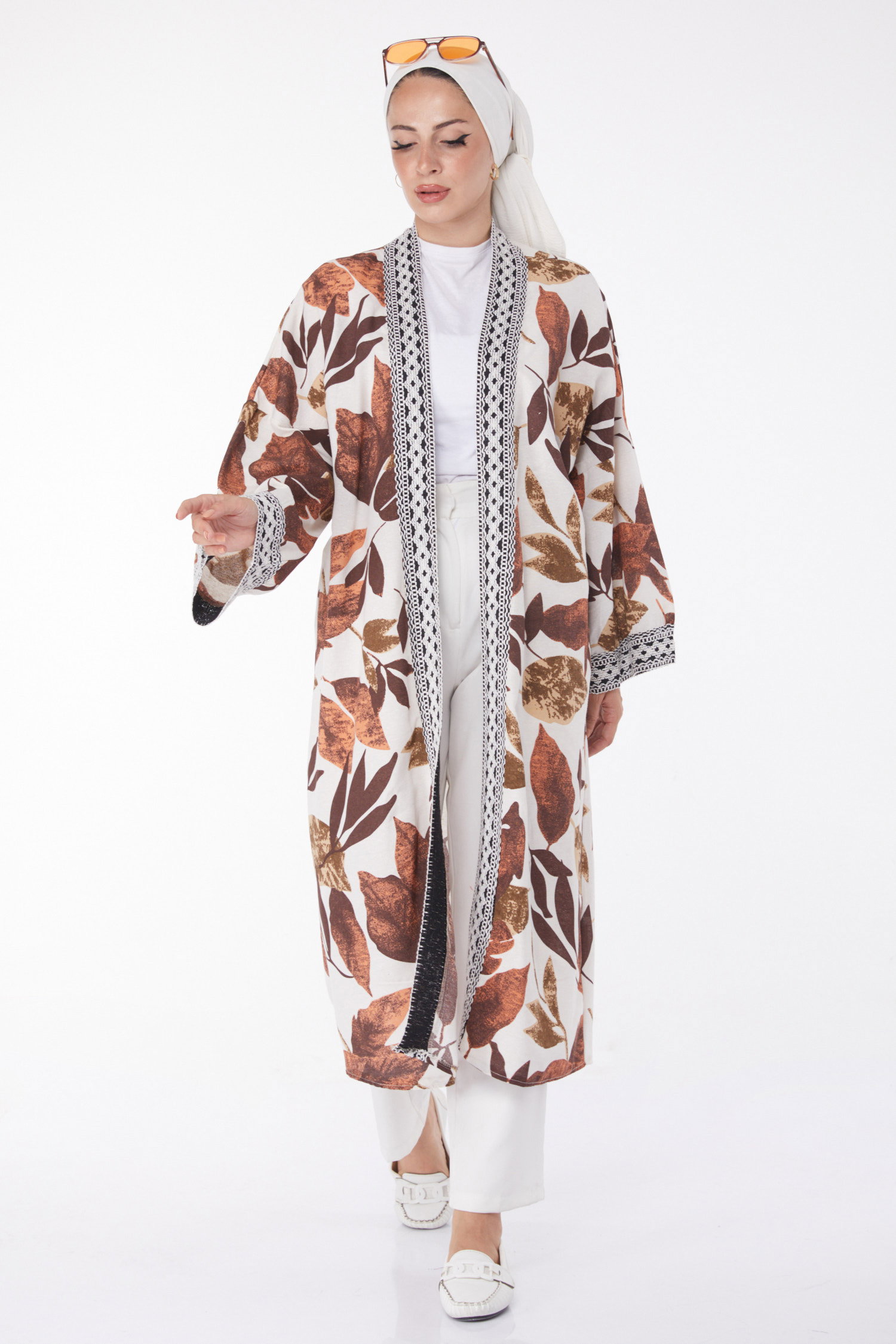 Düz Orta Kadın Kahve Desenli Kimono - 13233 - 1