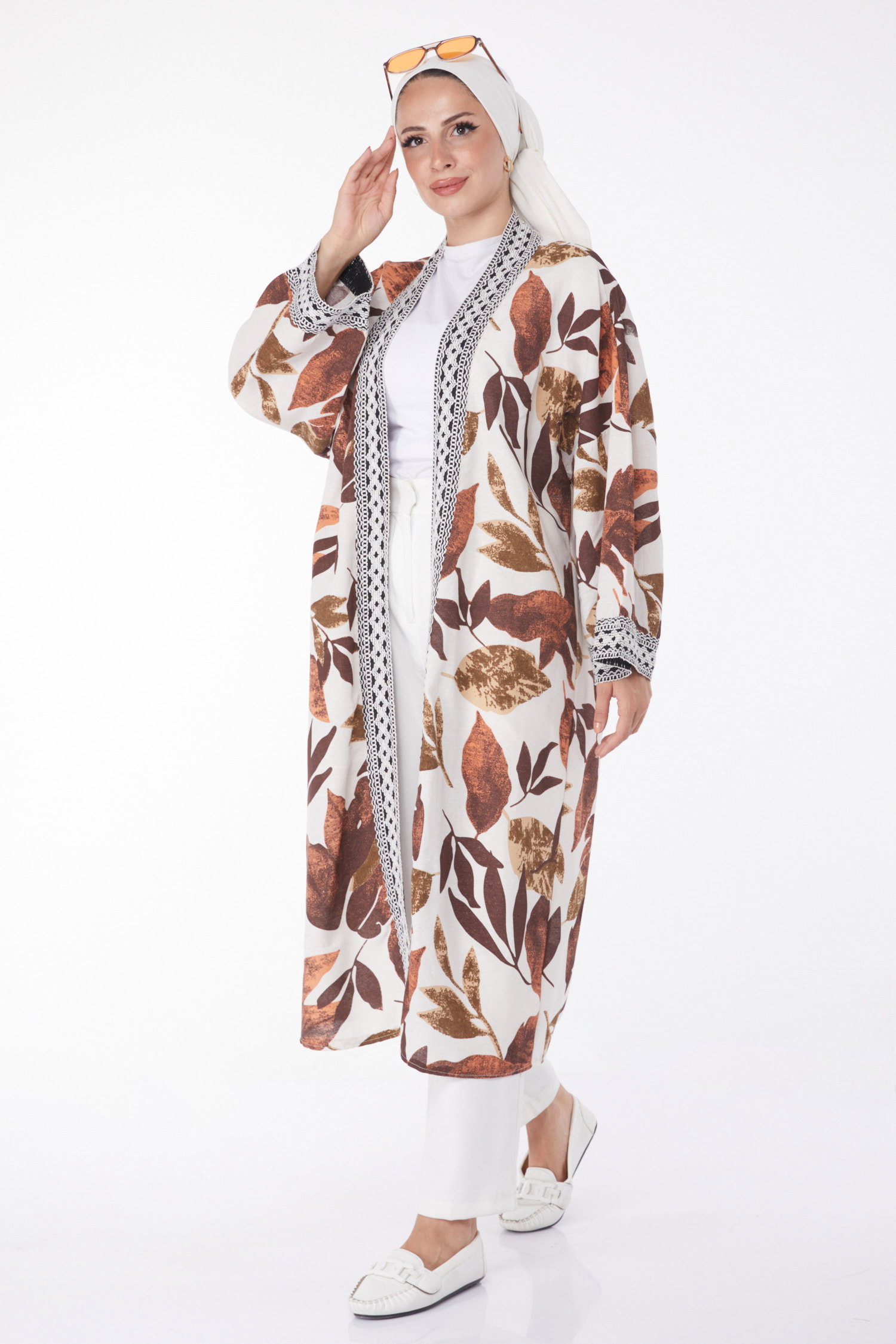 Düz Orta Kadın Kahve Desenli Kimono - 13233 - 2
