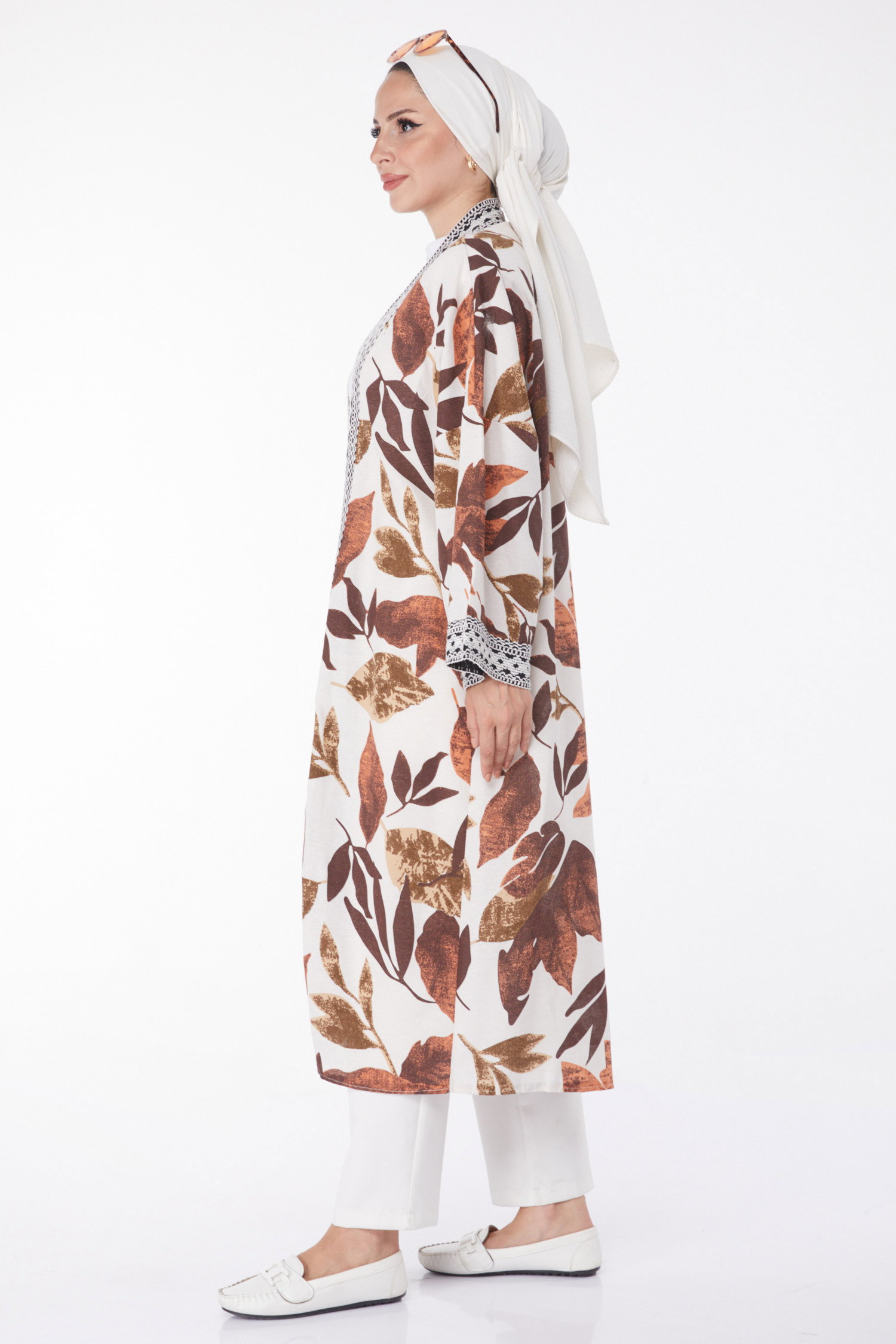 Düz Orta Kadın Kahve Desenli Kimono - 13233 - 4