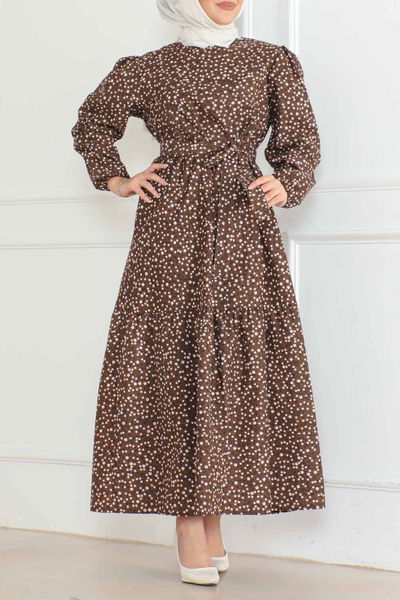 Düz Orta Kadın Kahve Desenli Kolu Büzgülü Elbise - 26623 