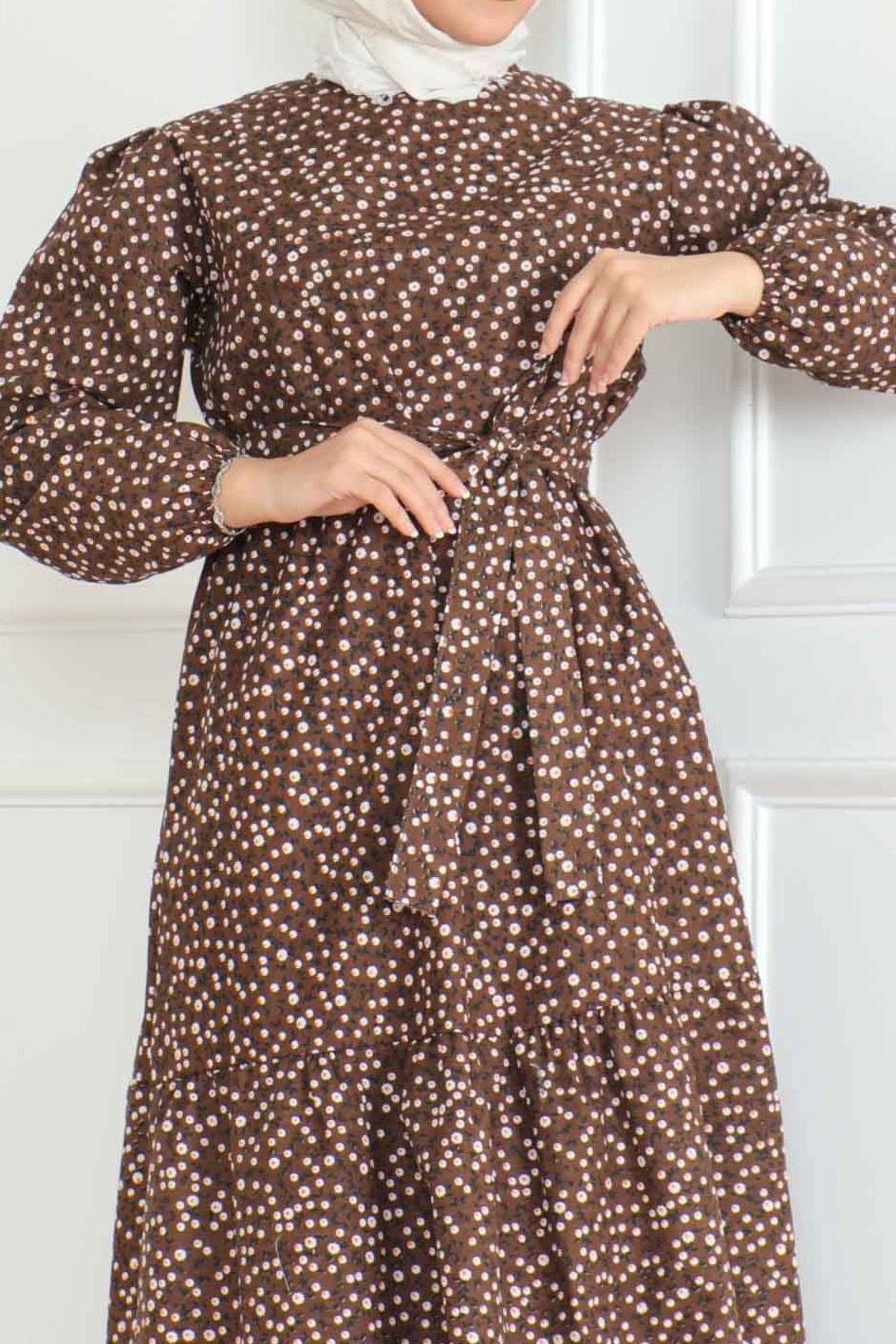 Düz Orta Kadın Kahve Desenli Kolu Büzgülü Elbise - 26623 - 3