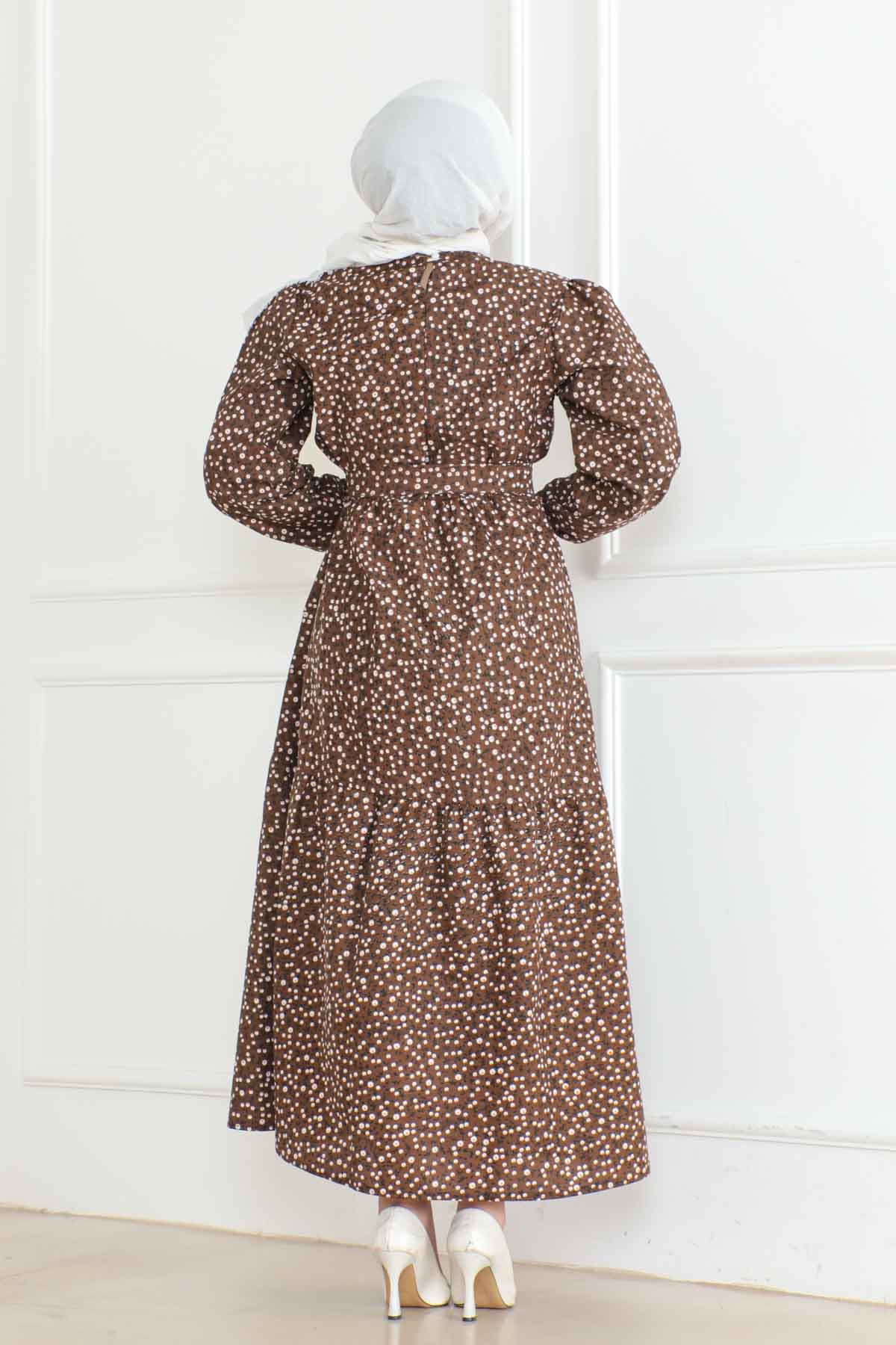 Düz Orta Kadın Kahve Desenli Kolu Büzgülü Elbise - 26623 - 4