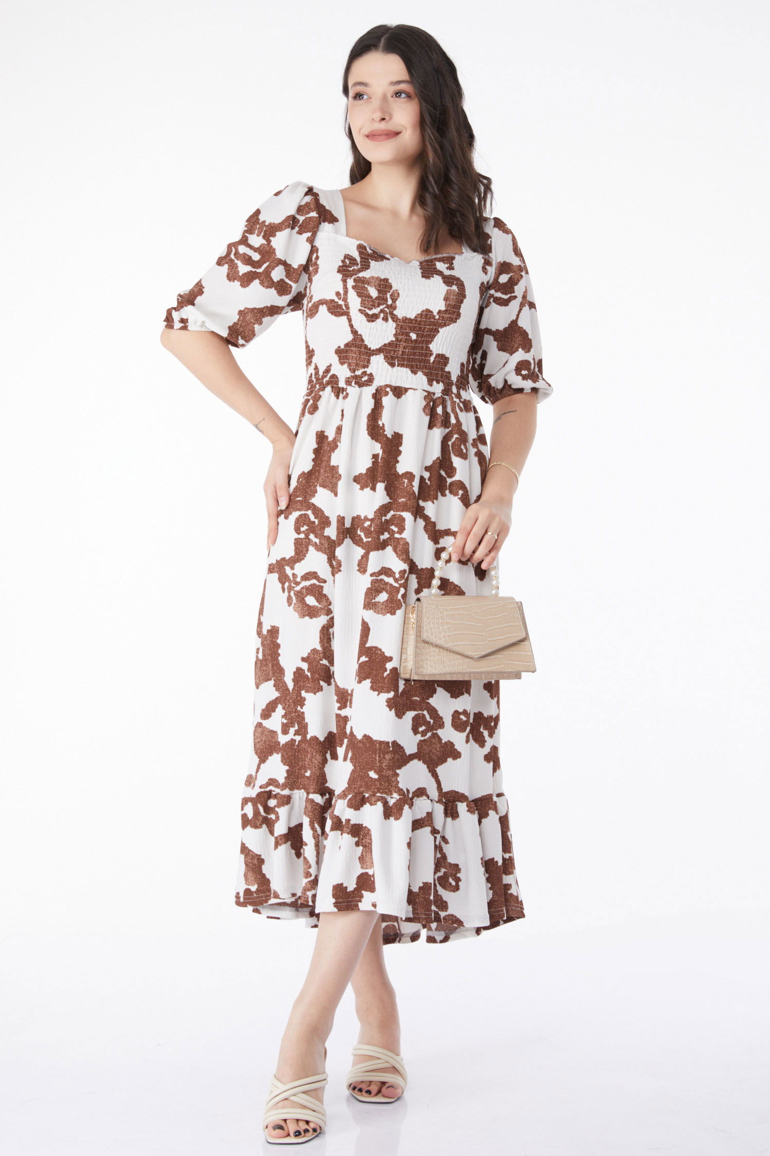 Desenli Midi Elbise Kahve - 25241 - 2