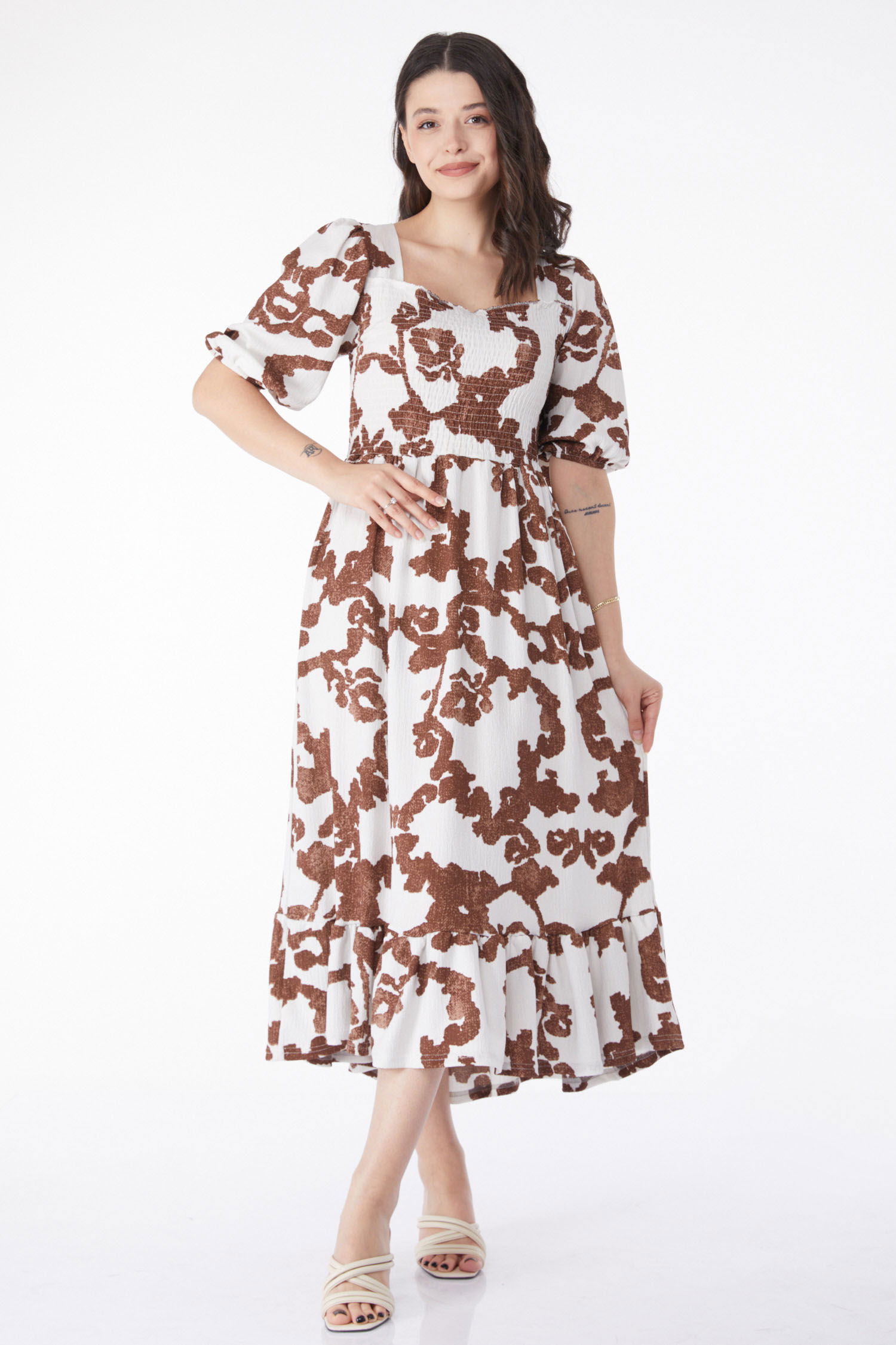 Desenli Midi Elbise Kahve - 25241 - 3