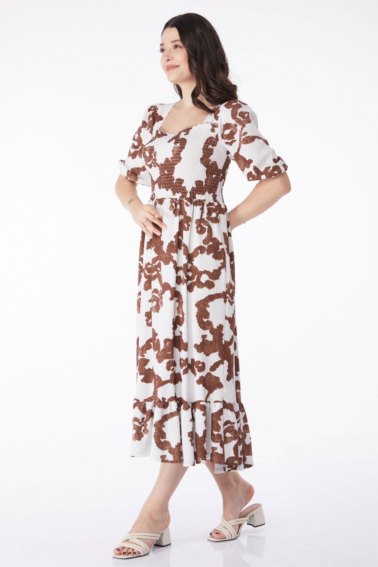 Desenli Midi Elbise Kahve - 25241 - 4