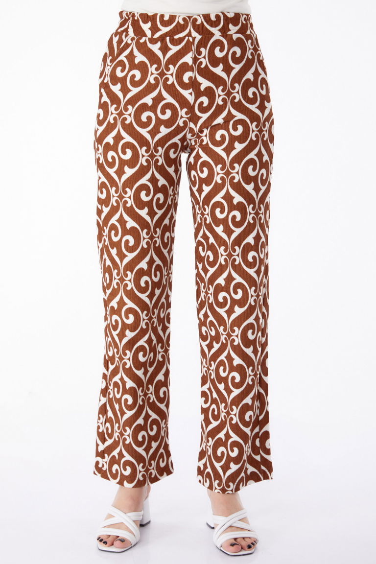 Düz Orta Kadın Kahve Desenli Pantolon - 25315 - TOFİSA