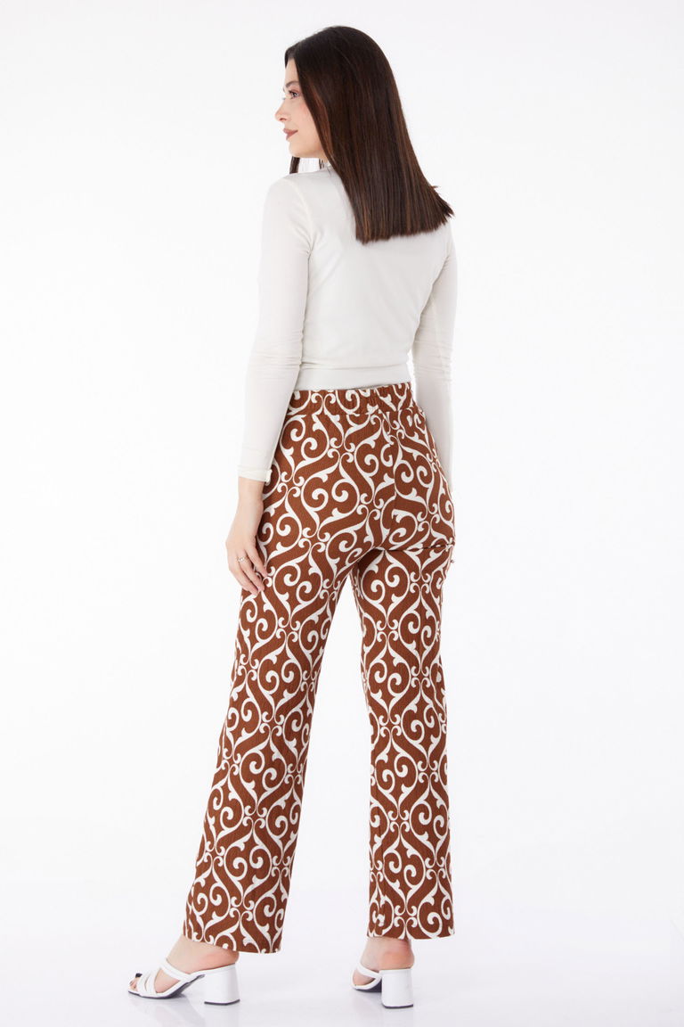 Düz Orta Kadın Kahve Desenli Pantolon - 25315 - TOFİSA