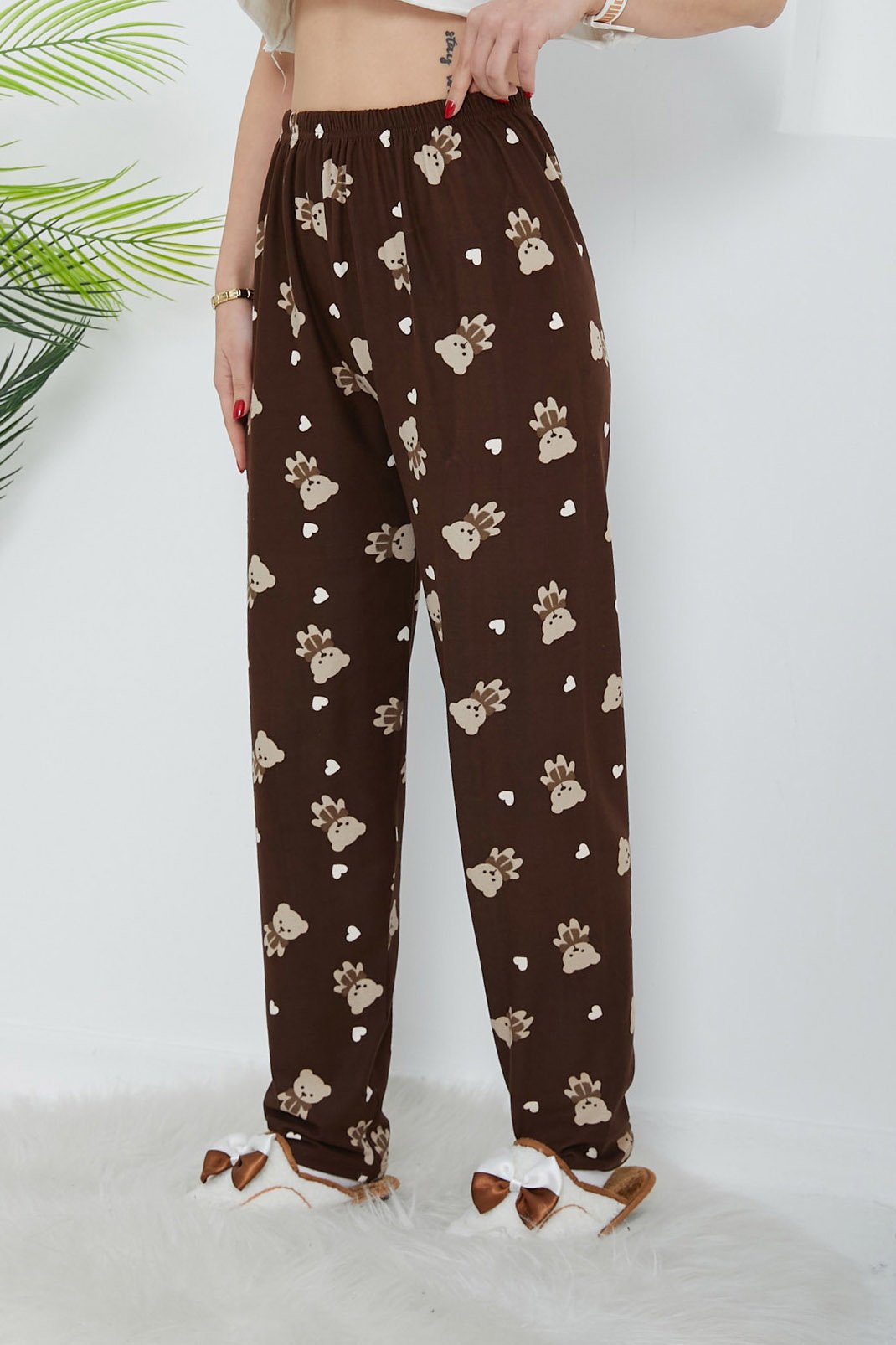 Düz Orta Kadın Kahve Desenli Pijama Altı - 26666 - 1
