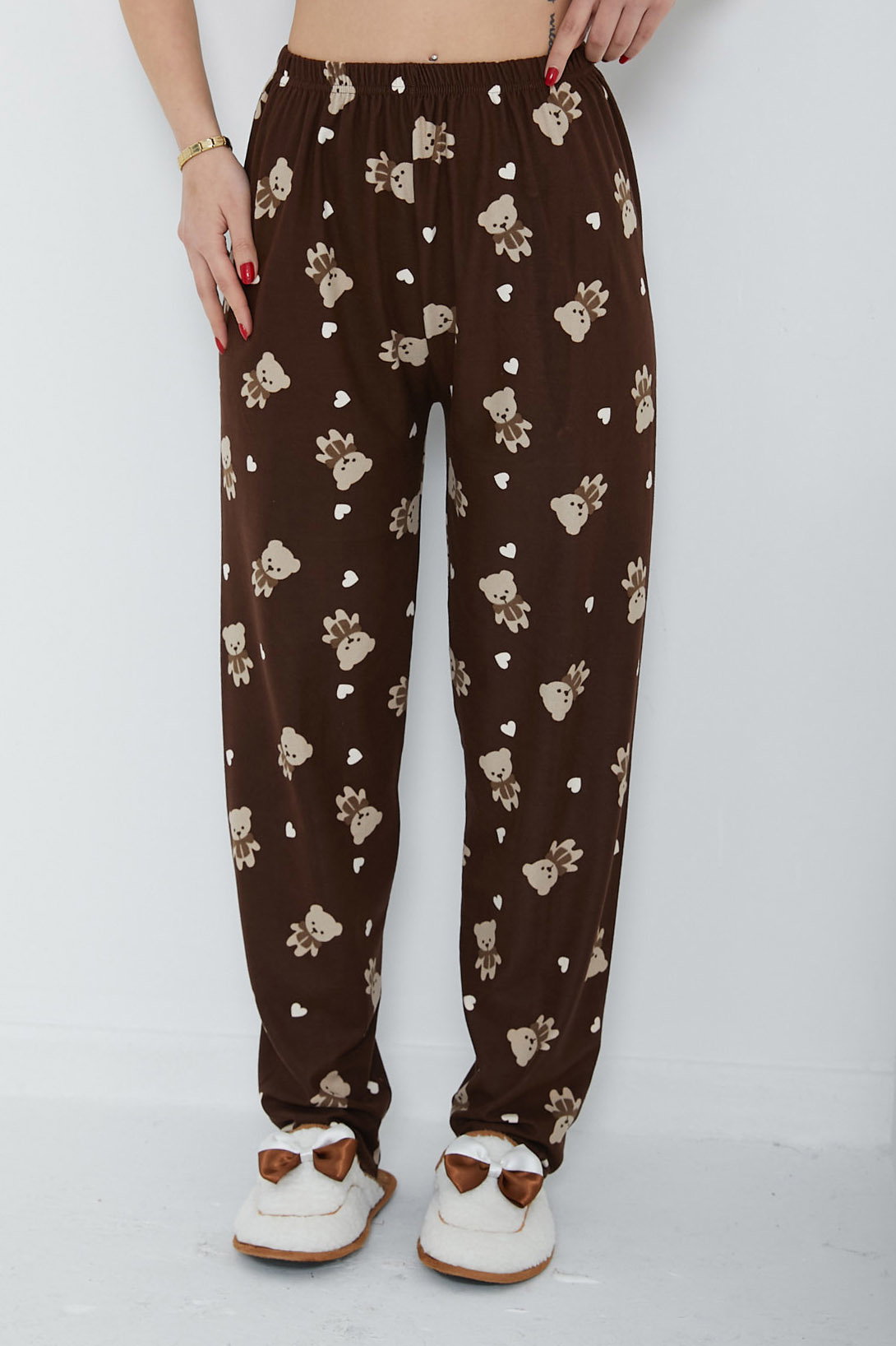 Düz Orta Kadın Kahve Desenli Pijama Altı - 26666 - 2