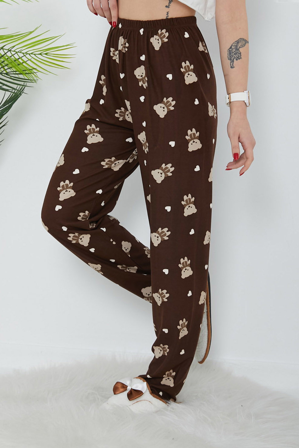 Düz Orta Kadın Kahve Desenli Pijama Altı - 26666 - 3