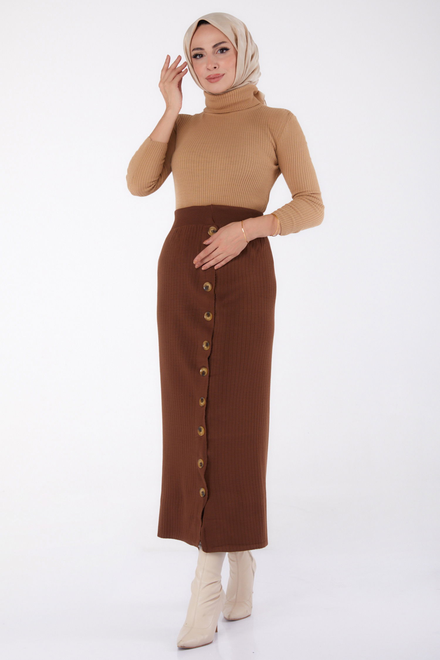 Düz Orta Kadın Kahve Düğmeli Triko Etek - 24722 - 1