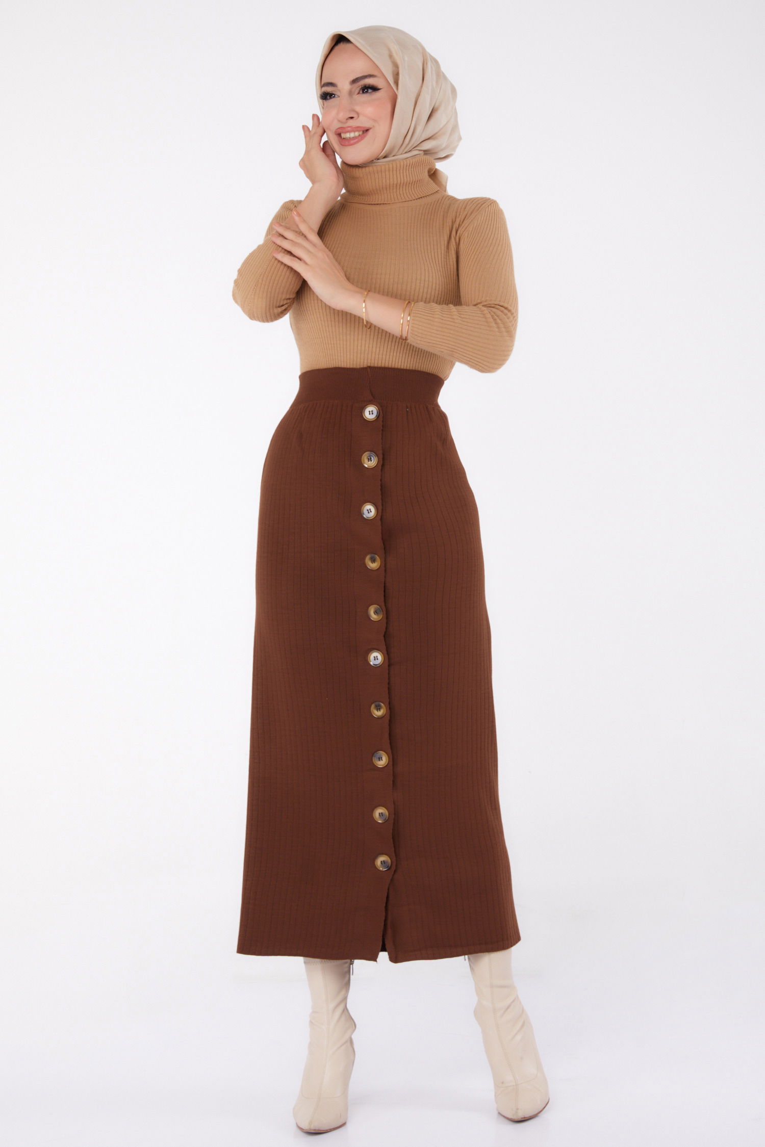 Düz Orta Kadın Kahve Düğmeli Triko Etek - 24722 - 2