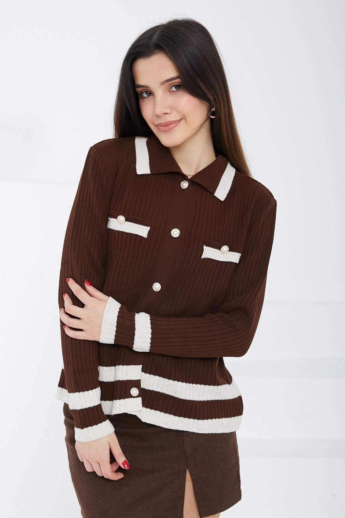 Düz Orta Kadın Kahve Düğmeli Triko Hırka - 26689 - 2