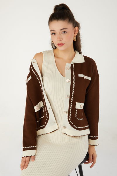 Düz Orta Kadın Kahve Elbise Bolero Triko Takım - 26470 