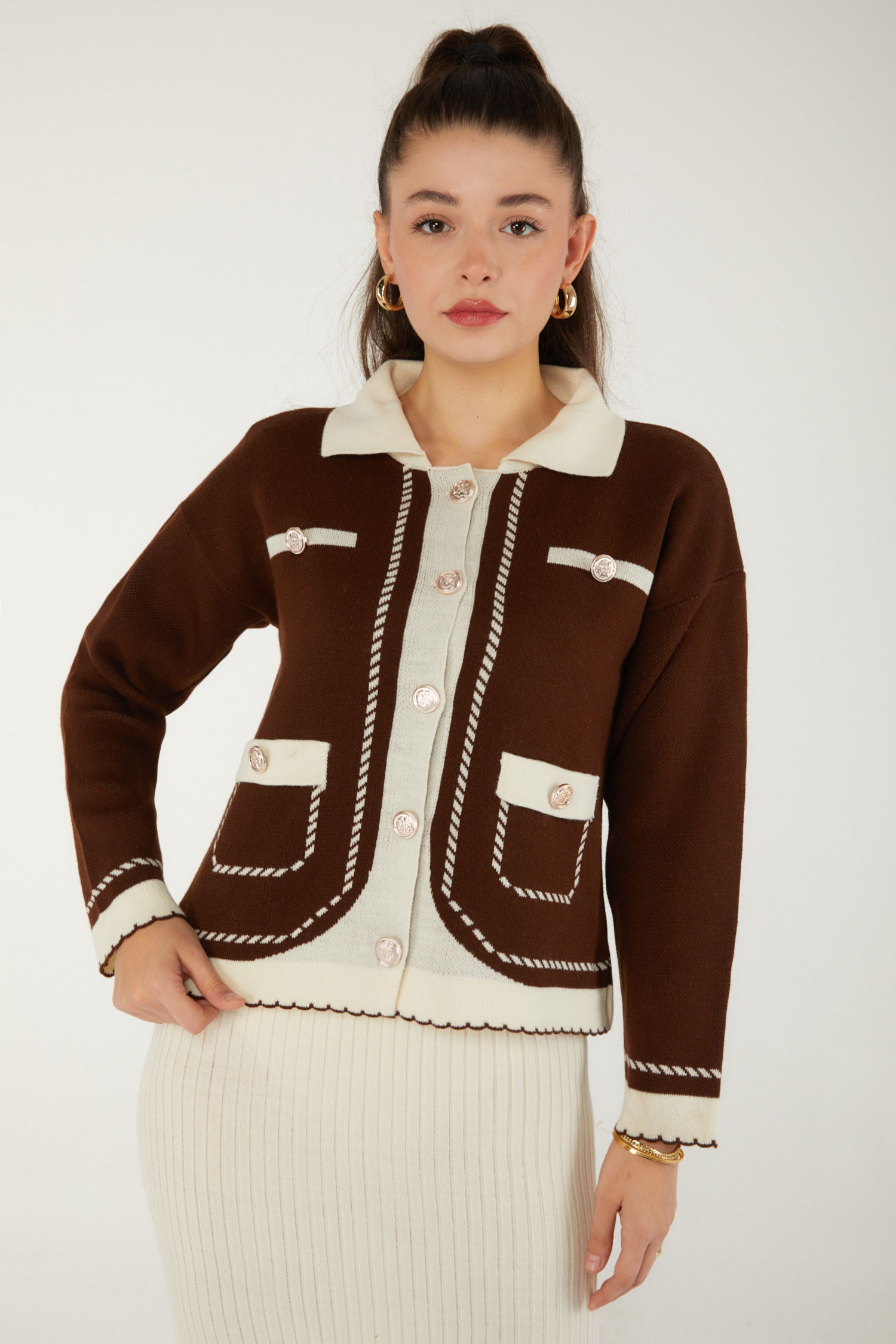 Düz Orta Kadın Kahve Elbise Bolero Triko Takım - 26470 - 4