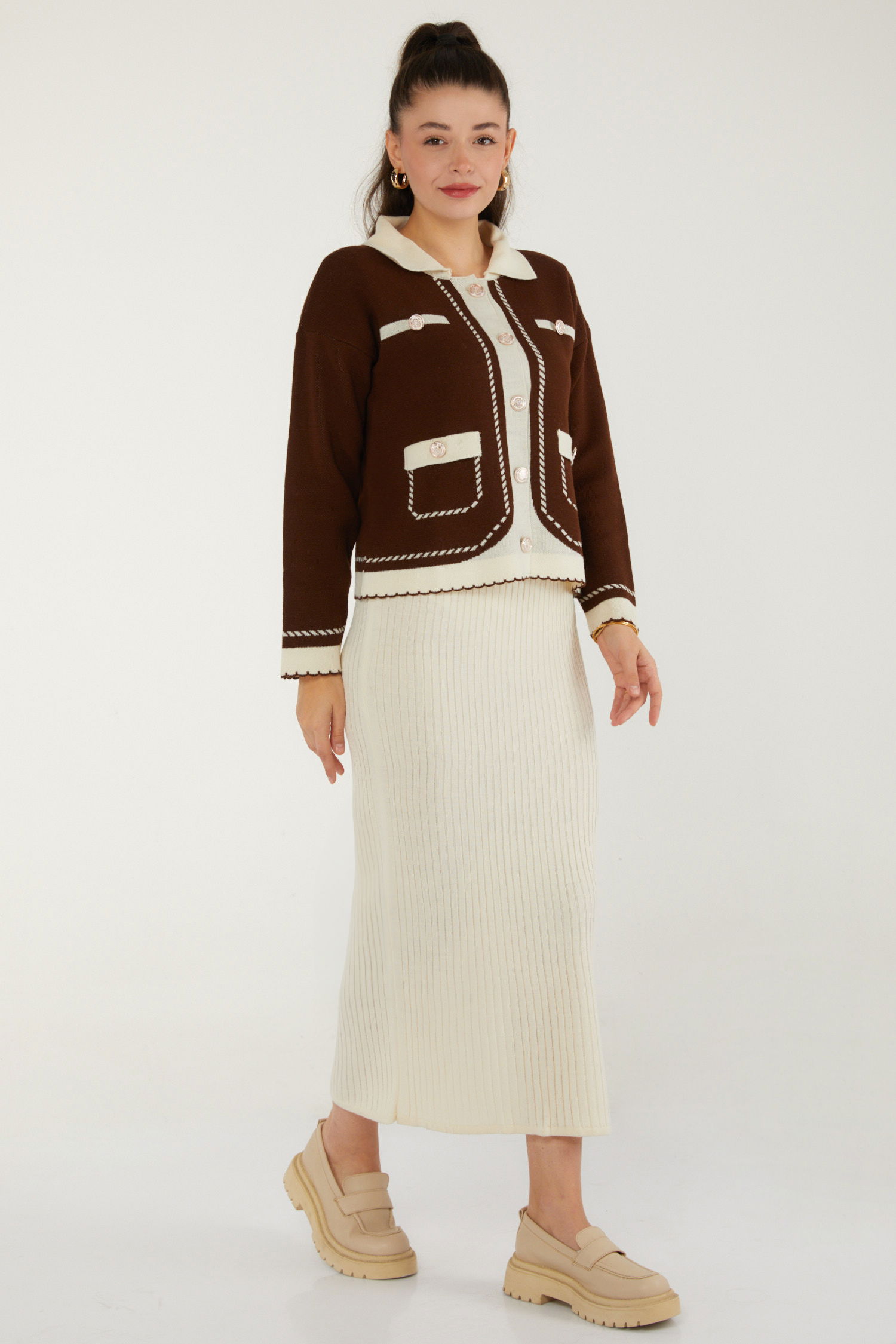 Düz Orta Kadın Kahve Elbise Bolero Triko Takım - 26470 - 5