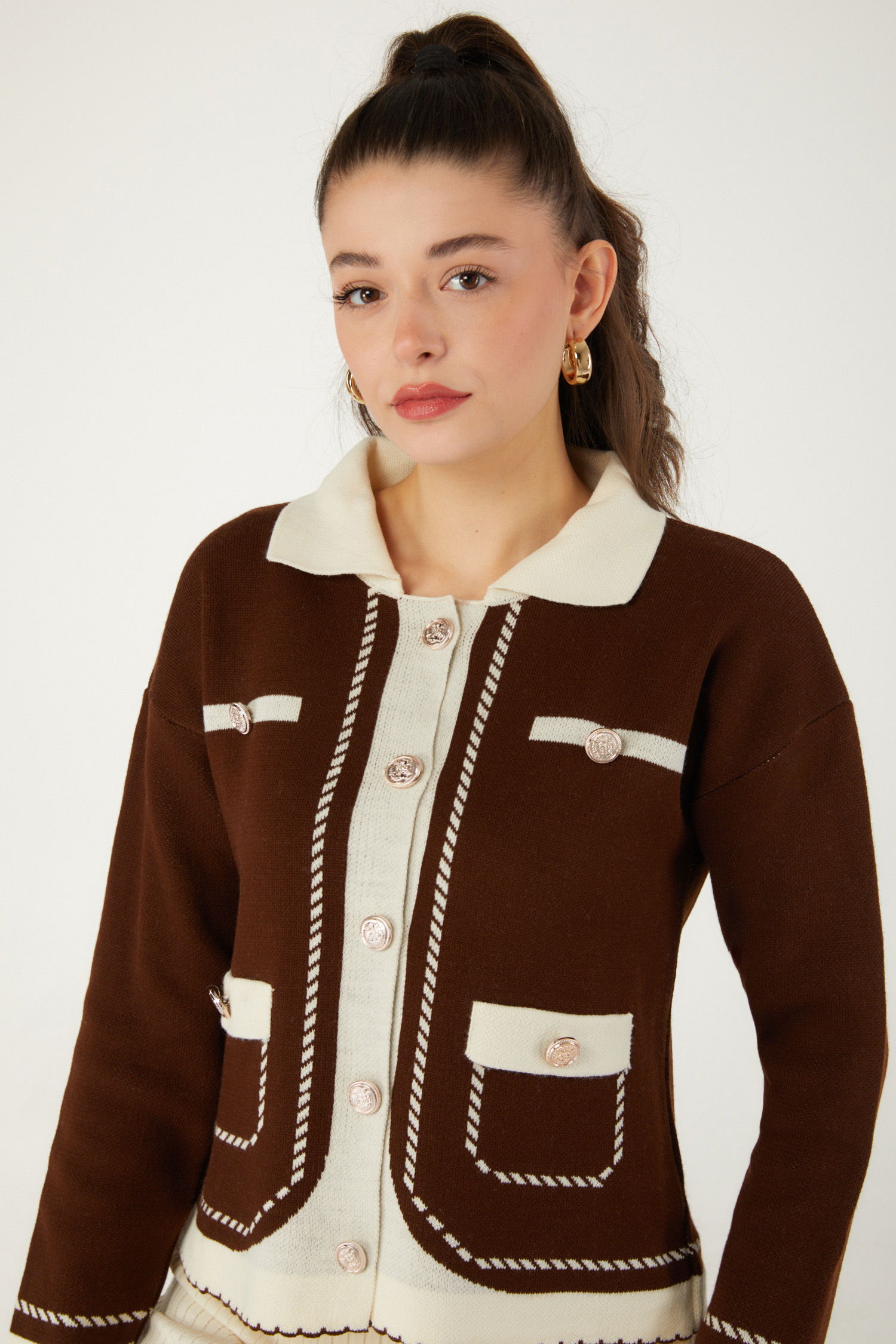 Düz Orta Kadın Kahve Elbise Bolero Triko Takım - 26470 - 7