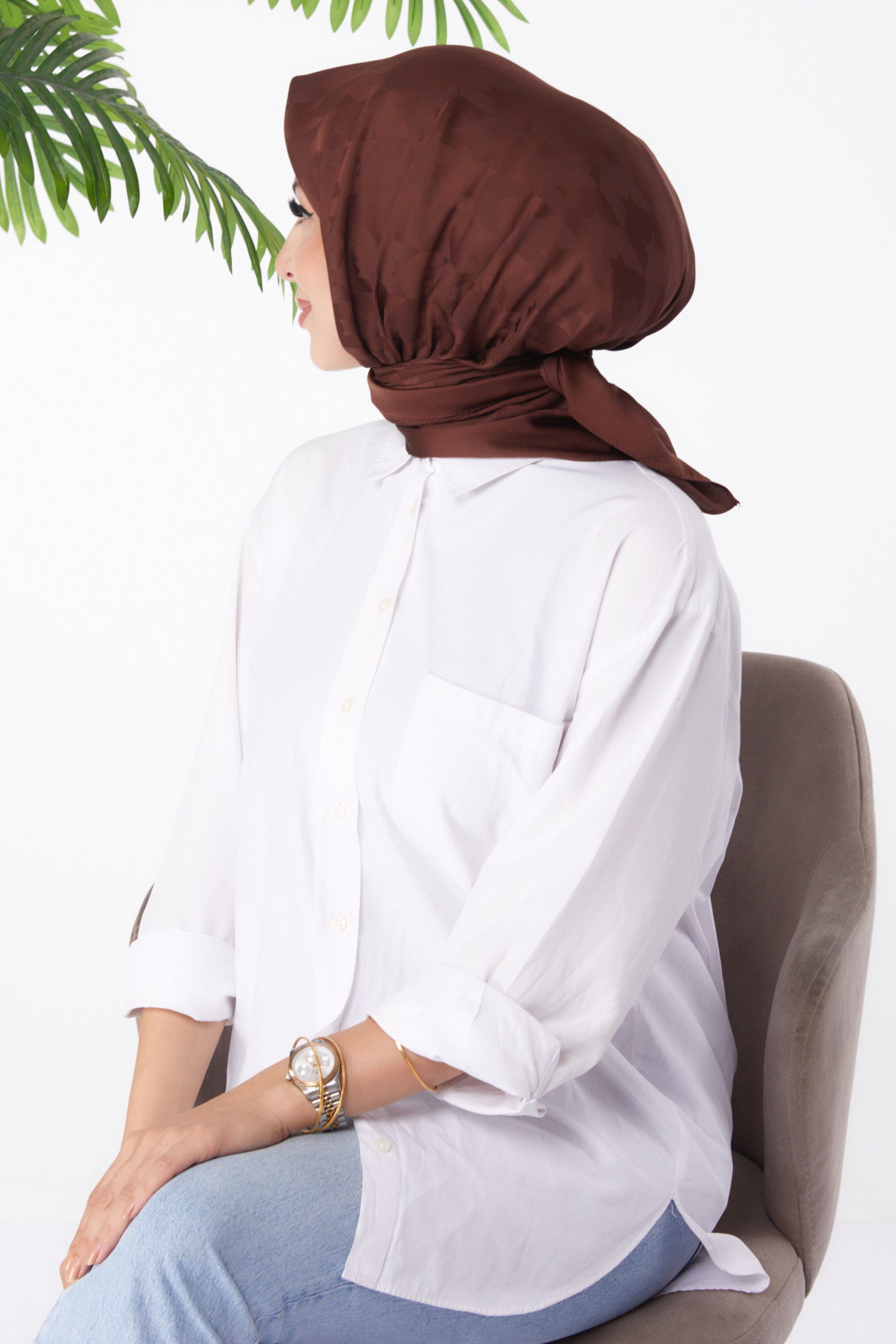 Düz Orta Kadın Kahve Janjanlı Eşarp - 26149 - 3