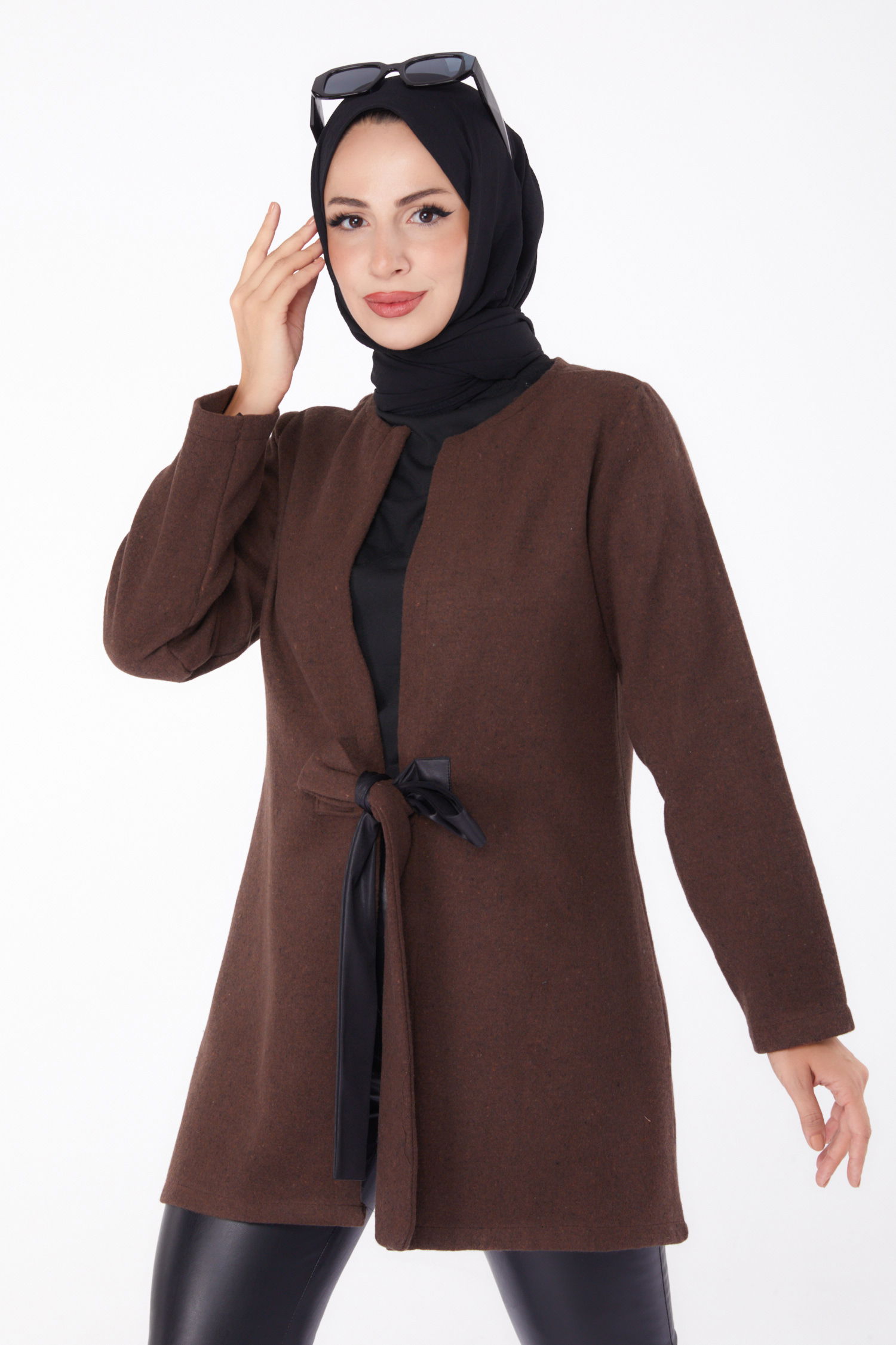 Düz Orta Kadın Kahve Kaşe Ceket - 13286 - 3