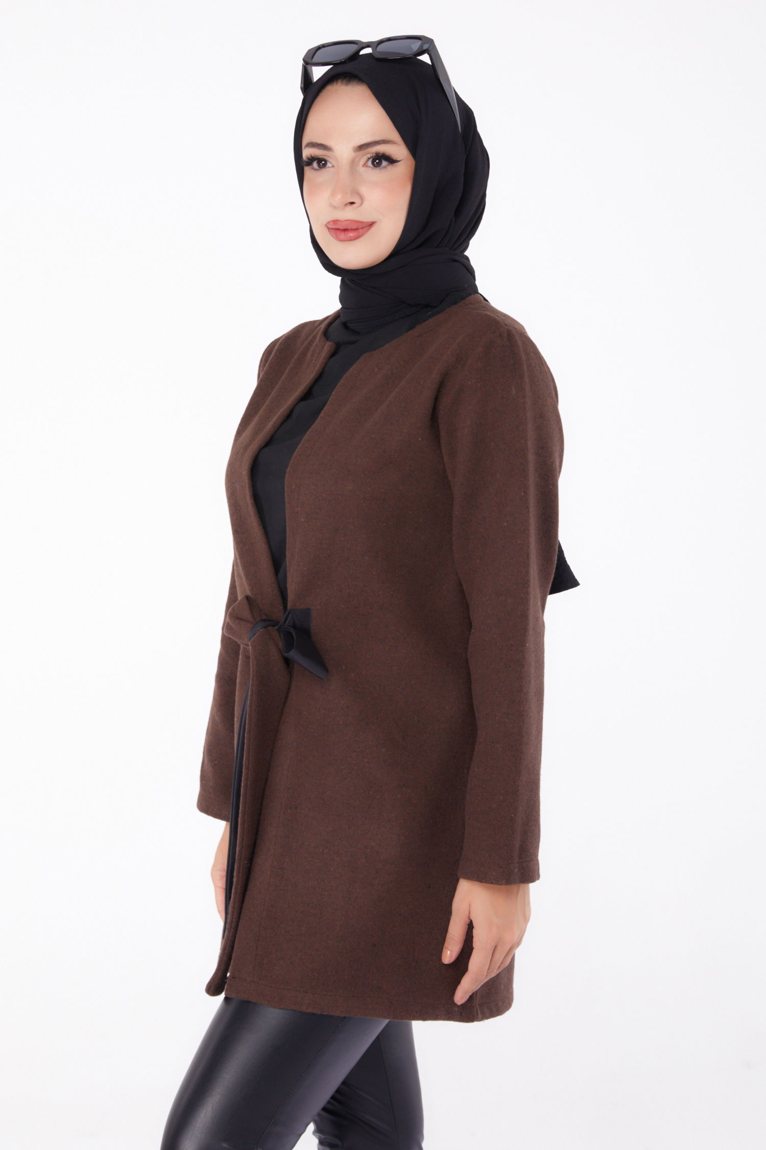 Düz Orta Kadın Kahve Kaşe Ceket - 13286 - 4