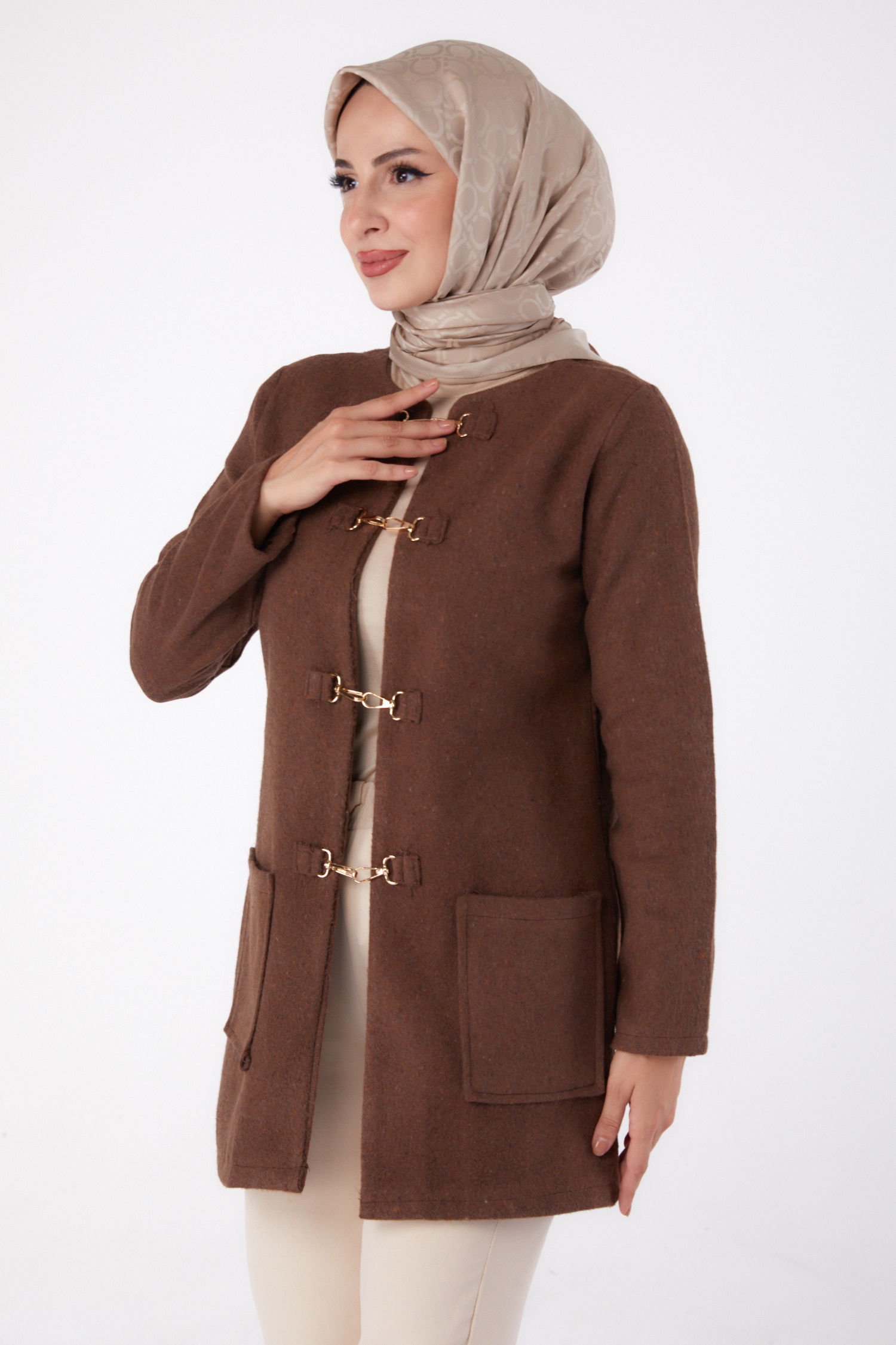 Düz Orta Kadın Kahve Kaşe Ceket - 13292 - 3