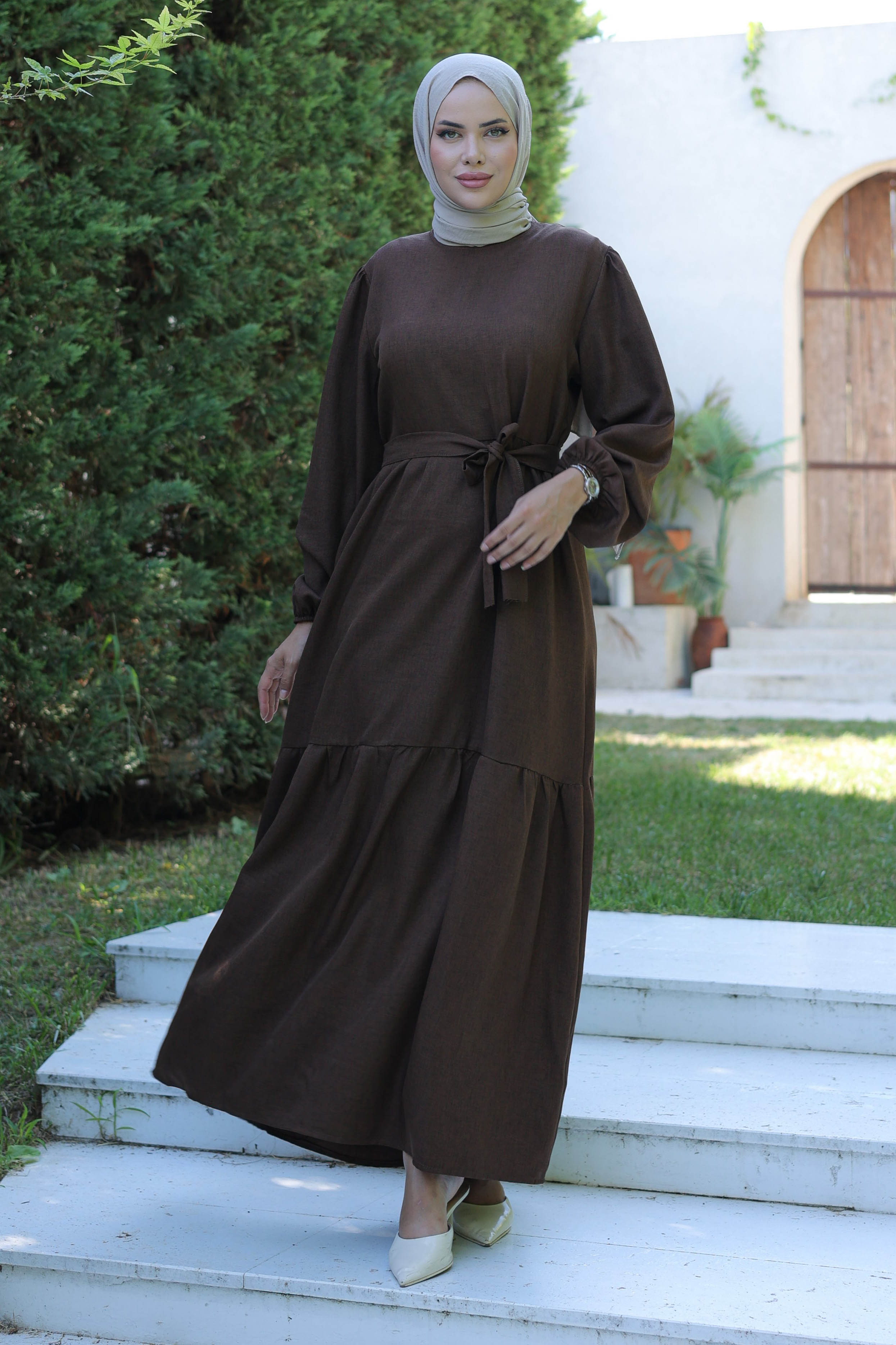 Katlı Elbise Kahve - 26624 - 1