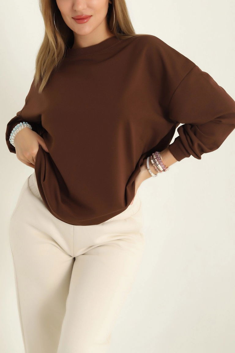 Kadın Bisiklet Yaka Oversize Sweatshirt Kahve - 26567 - TOFİSA