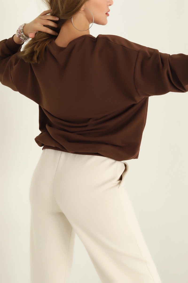 Kadın Bisiklet Yaka Oversize Sweatshirt Kahve - 26567 - 3