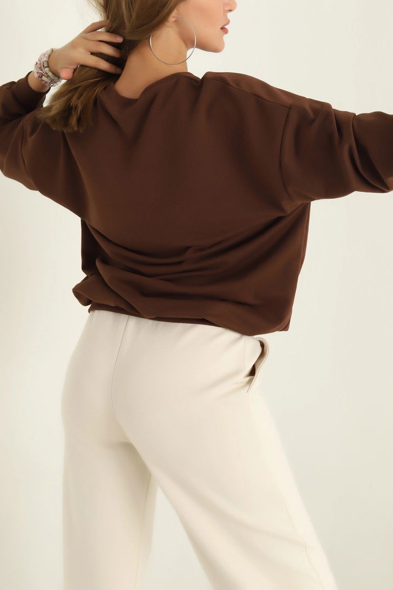 Kadın Bisiklet Yaka Oversize Sweatshirt Kahve - 26567 - TOFİSA