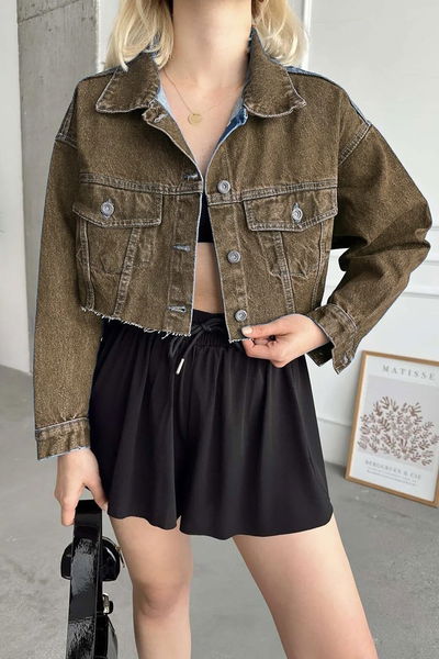 Kadın Çift Cepli Lazer Kesim Crop Kot Ceket Kahve Tint Yikama - 26582 