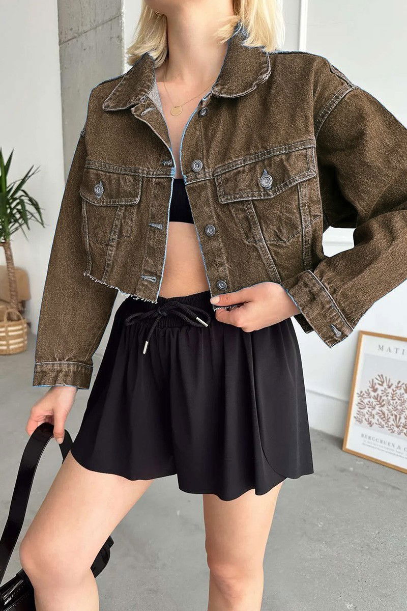 Kadın Çift Cepli Lazer Kesim Crop Kot Ceket Kahve Tint Yikama - 26582 - 2