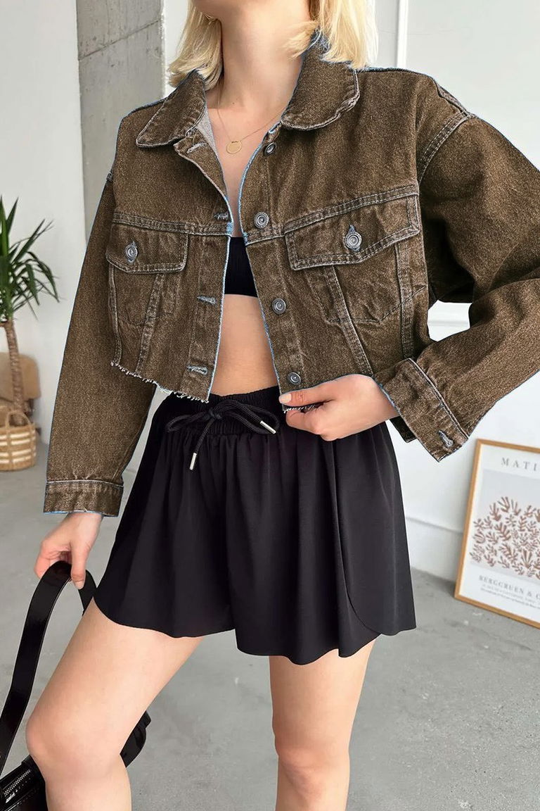 Kadın Çift Cepli Lazer Kesim Crop Kot Ceket Kahve Tint Yikama - 26582 - TOFİSA