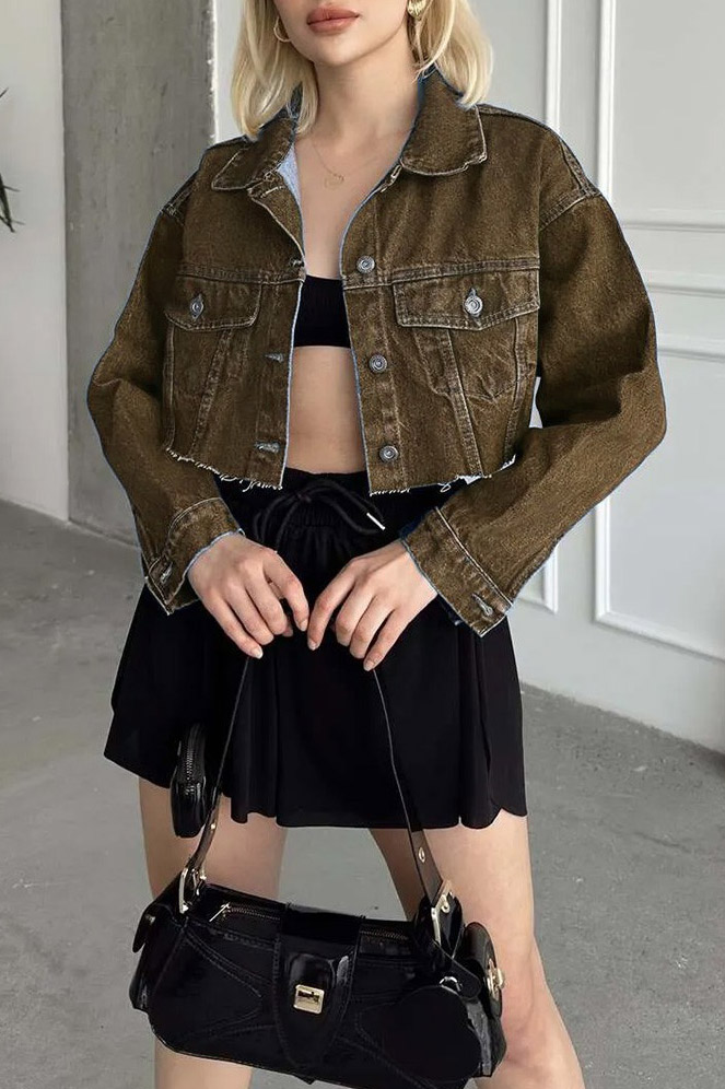 Kadın Çift Cepli Lazer Kesim Crop Kot Ceket Kahve Tint Yikama - 26582 - 3