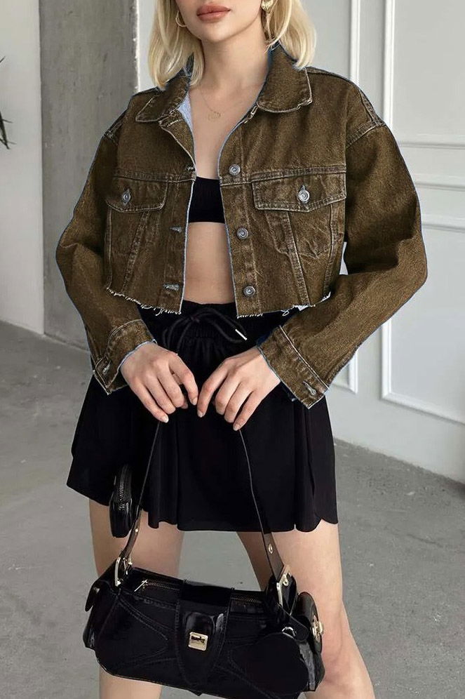 Kadın Çift Cepli Lazer Kesim Crop Kot Ceket Kahve Tint Yikama - 26582 - TOFİSA