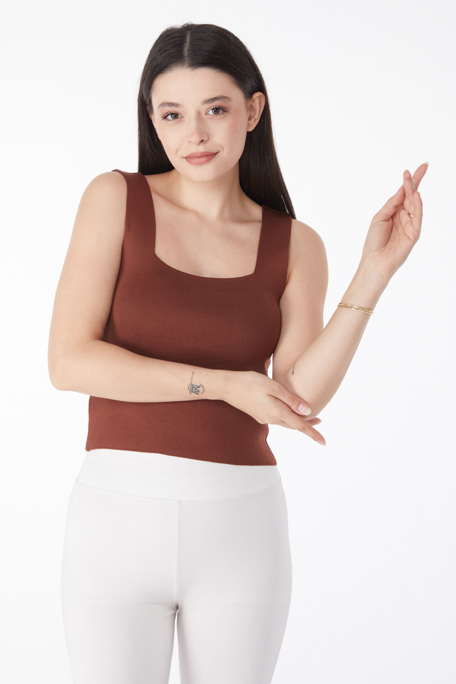 Düz Orta Kadın Kahve Triko Atlet - 25938 - 3