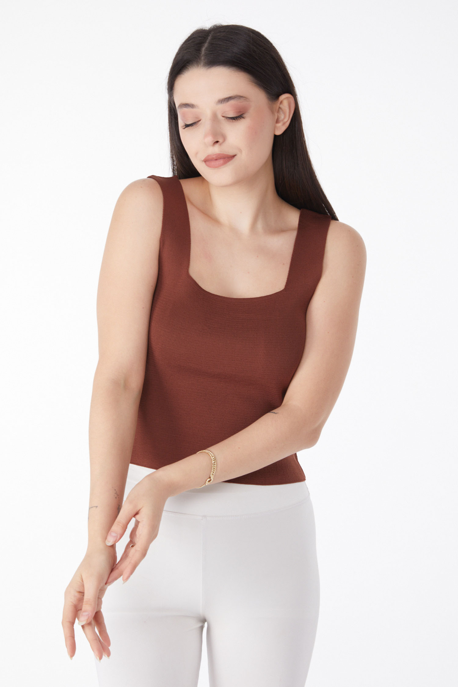 Düz Orta Kadın Kahve Yazlık Triko Crop - 25220 - 2