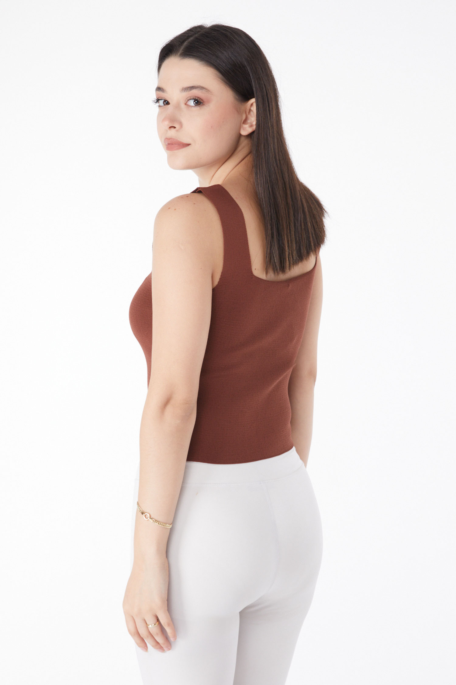Düz Orta Kadın Kahve Yazlık Triko Crop - 25220 - 5