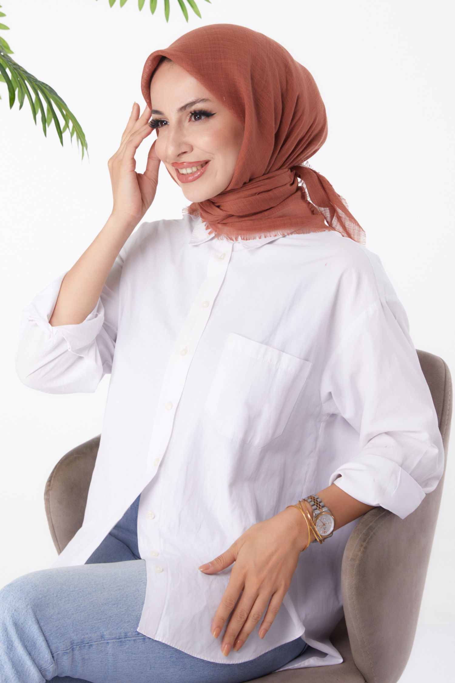 Düz Orta Kadın Kiremit Eşarp - 26146 - 1