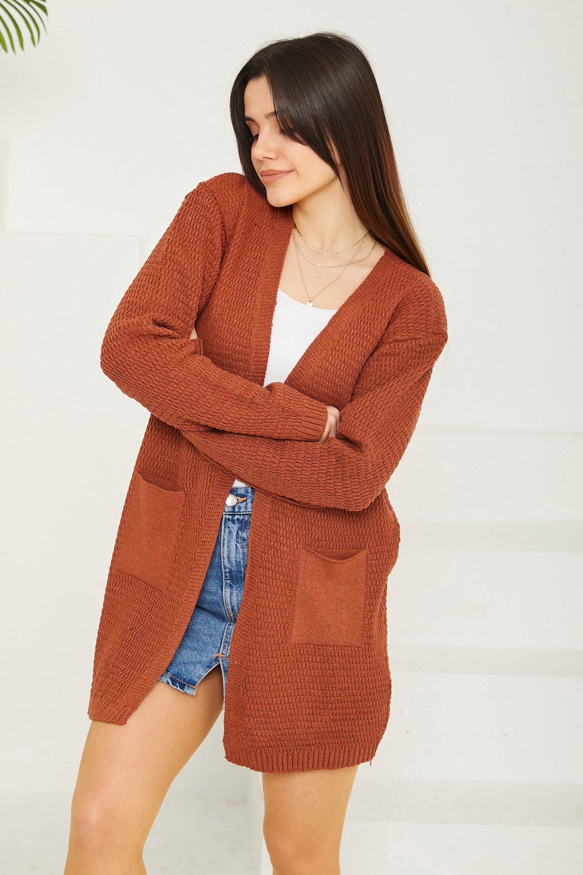 Düz Orta Kadın Kiremit Triko Hırka - 26694 - 2