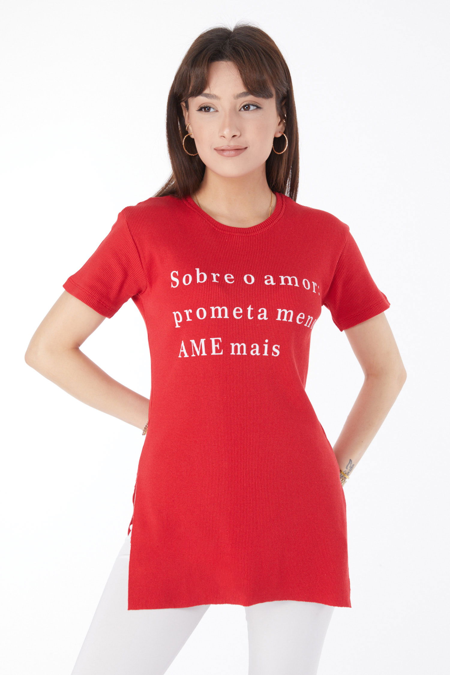 Baskılı Yırtmaçlı T-shirt Kirmizi - 24792 - 1