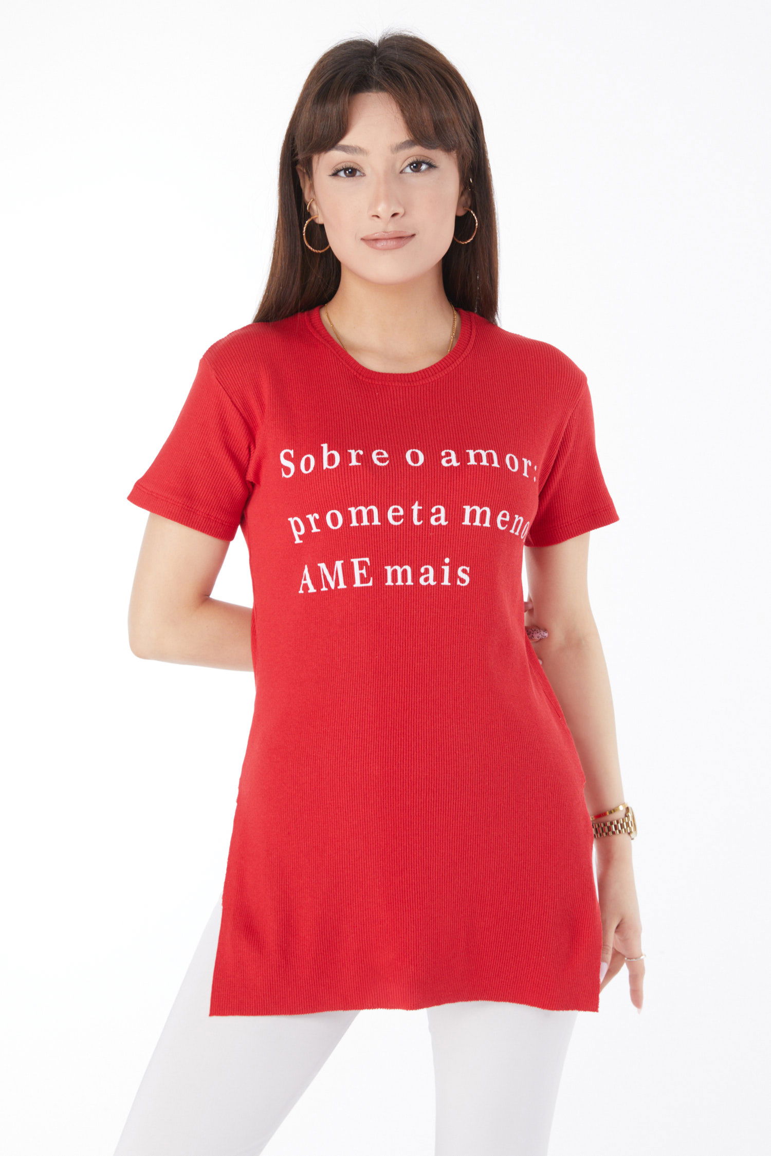 Baskılı Yırtmaçlı T-shirt Kirmizi - 24792 - 2